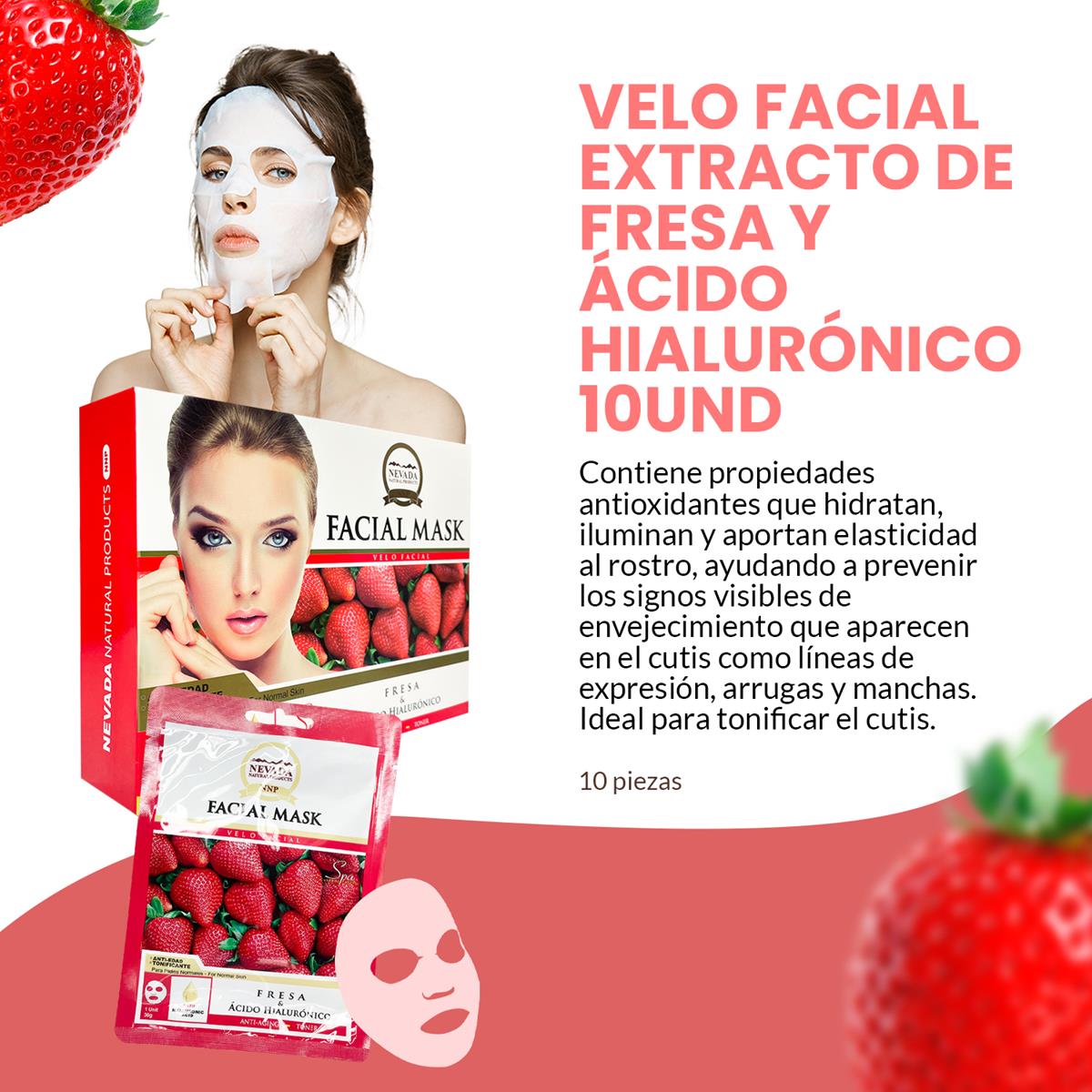 ¡LIQUIDACIÓN! Velo facial extracto de fresa y ácido hialurónico 10und