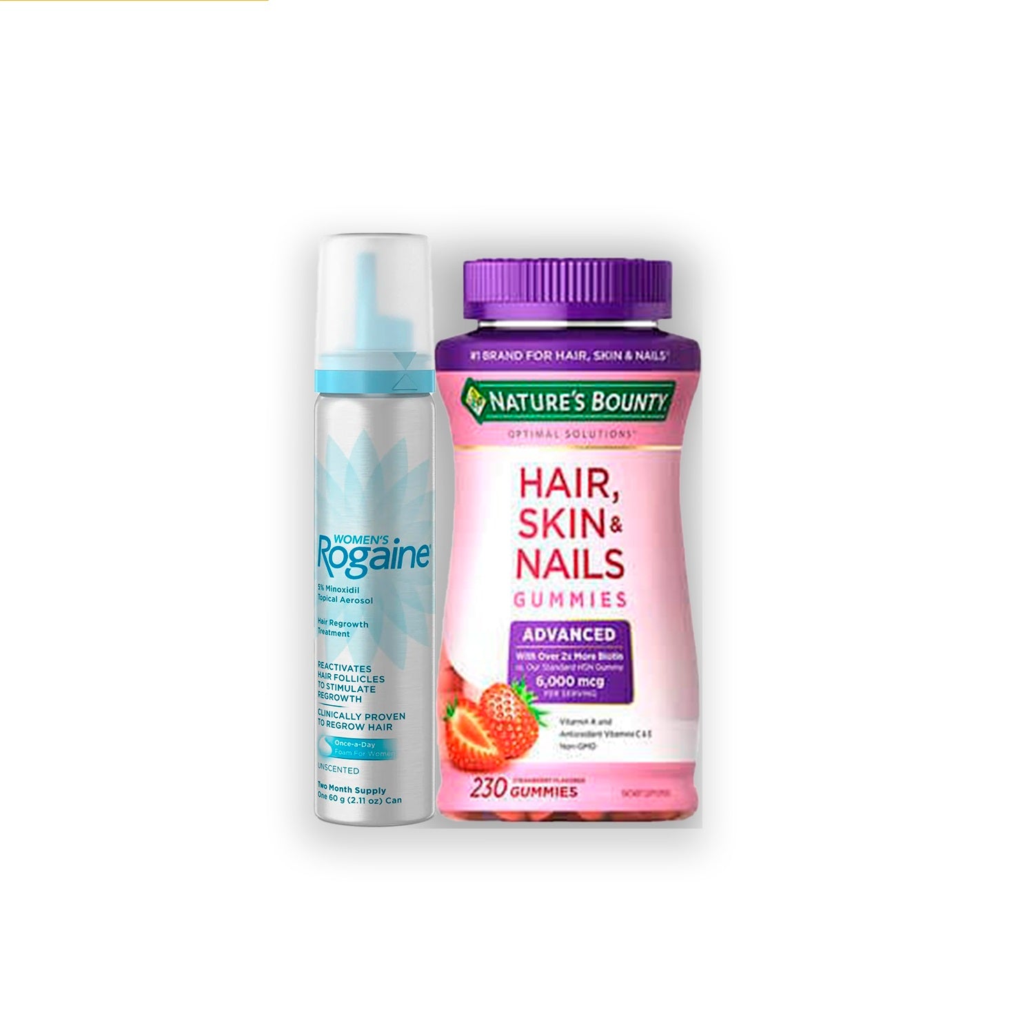 1 MINOXIDIL ESPUMA DE MUJER ROGAINE® + 1 Biotin Gummies Strawberry 230 Gomitas