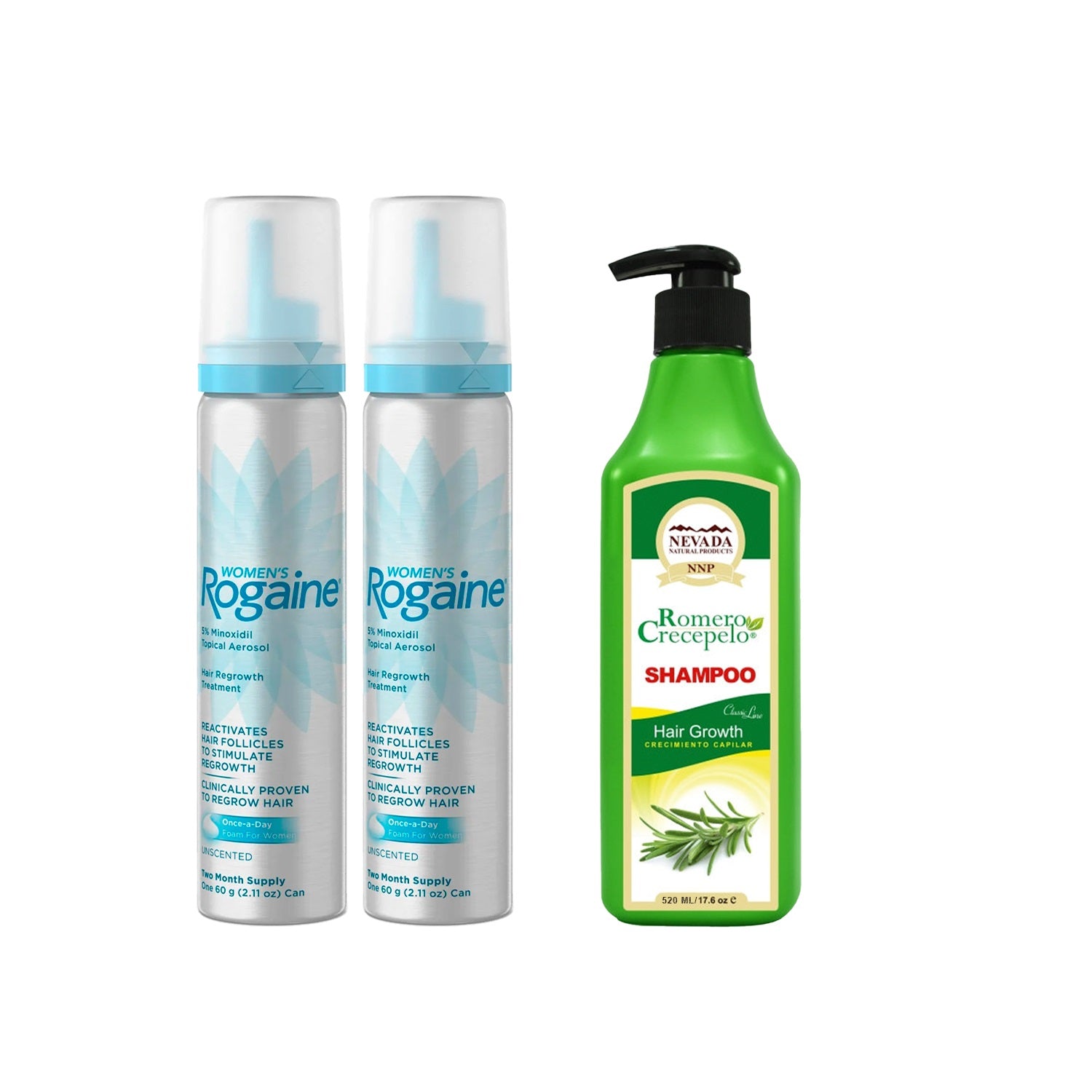 2 Minoxidil ROGAINE® 5 % MUJER + Shampoo Romero Crecepelo 520 ml
