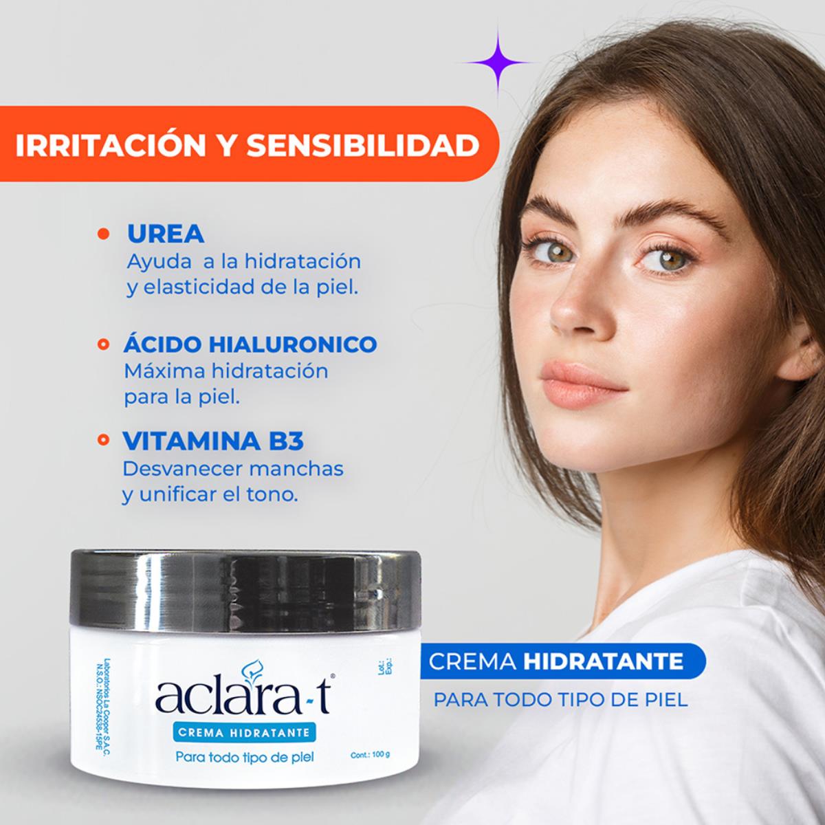 Aclara-T Crema Hidratante Facial B3 + Ácido Hialurónico - Protección Solar – 100g
