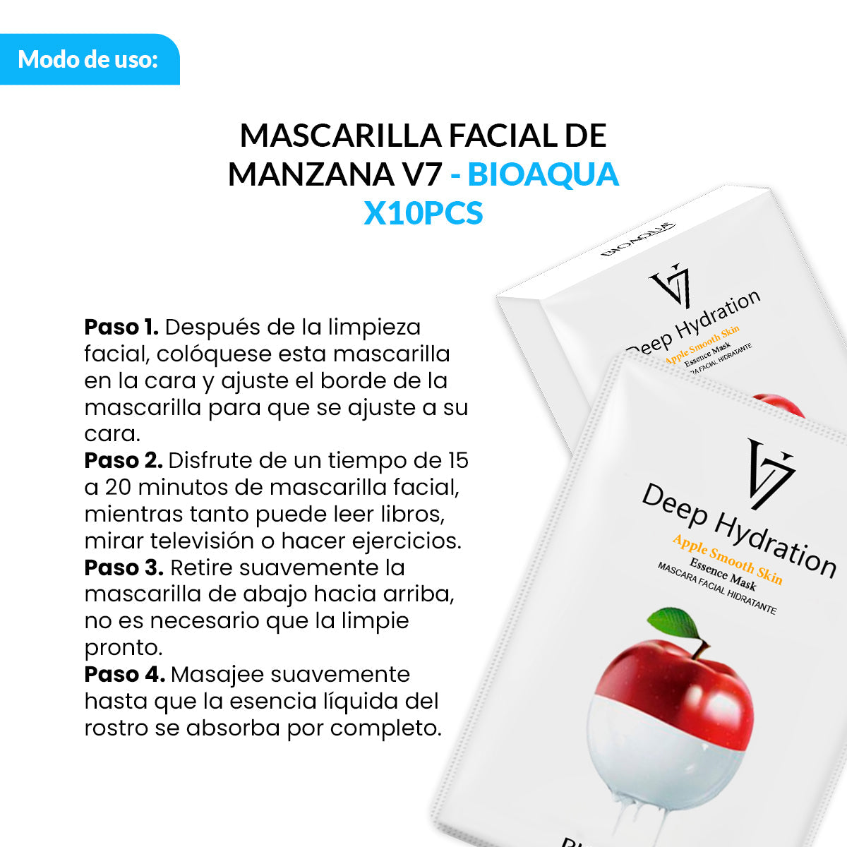 BIOAQUA Mascarilla Facial V7 de Esencia de Manzana – Hidratación Profunda – Paquete x10 (30g c/u)