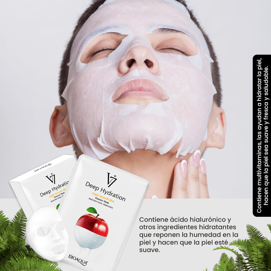 BIOAQUA Mascarilla Facial V7 de Esencia de Manzana – Hidratación Profunda – Paquete x10 (30g c/u)