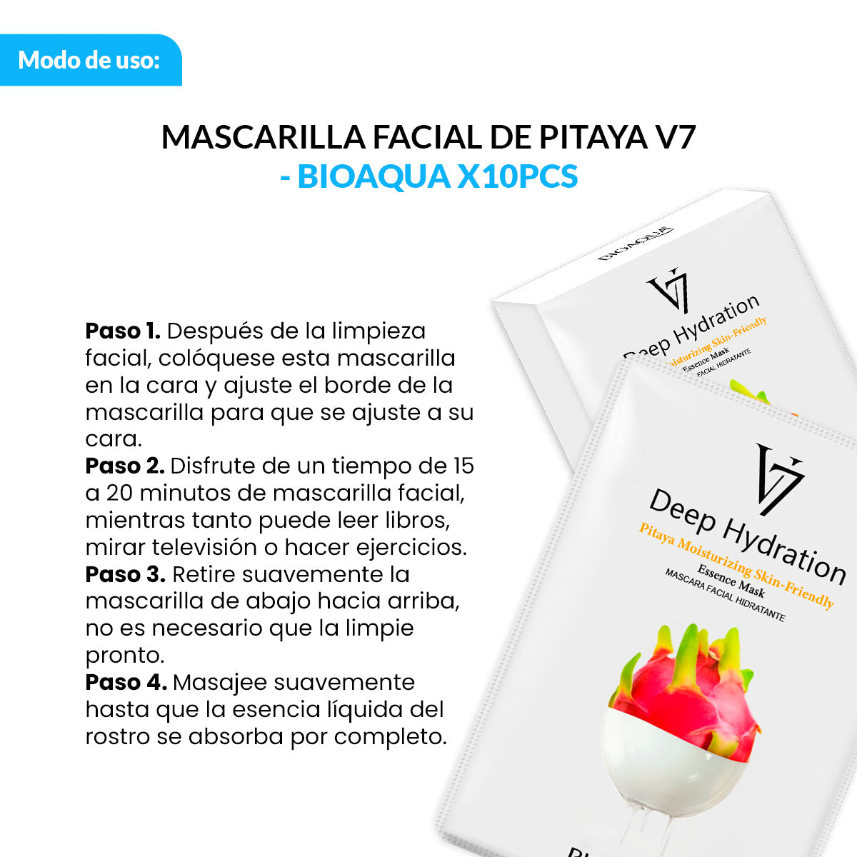 BIOAQUA Mascarilla Facial V7 de Esencia de Pitahaya – Hidratación Profunda – Paquete x10 (30g c/u)