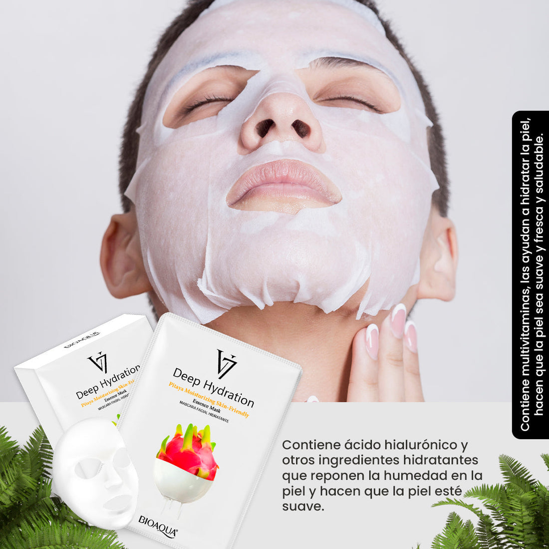 BIOAQUA Mascarilla Facial V7 de Esencia de Pitahaya – Hidratación Profunda – Paquete x10 (30g c/u)