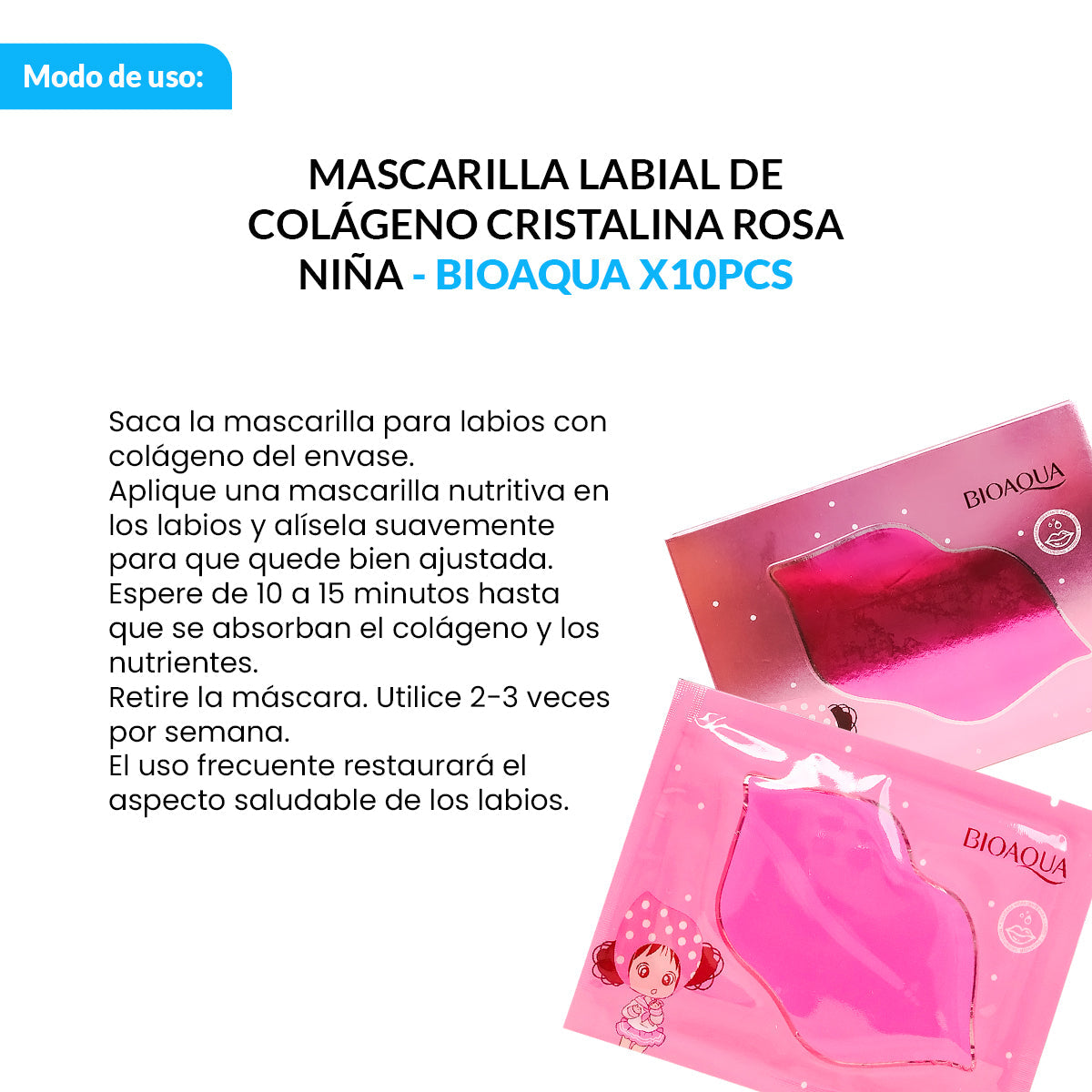¡liquidación! BIOAQUA Mascarilla Labial de Colágeno Cristalina Rosa Niña – Hidratación – Paquete x10 (8g c/u)