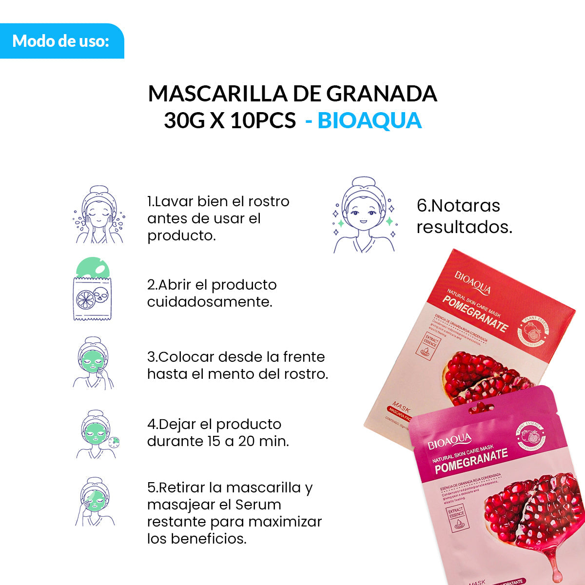 BIOAQUA Mascarilla Facial de Granada – Nutrición y Vitalidad – Paquete x10 (30g c/u)