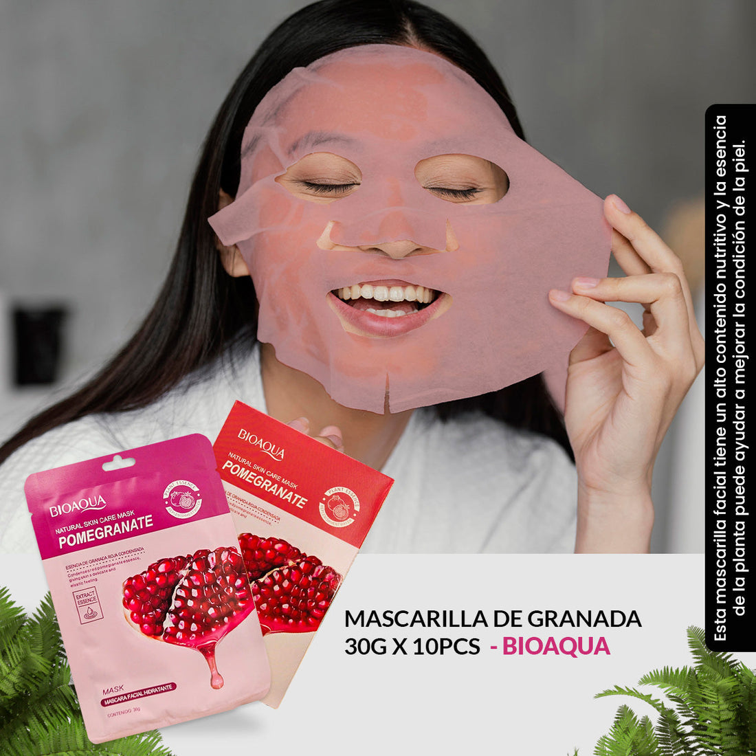 BIOAQUA Mascarilla Facial de Granada – Nutrición y Vitalidad – Paquete x10 (30g c/u)