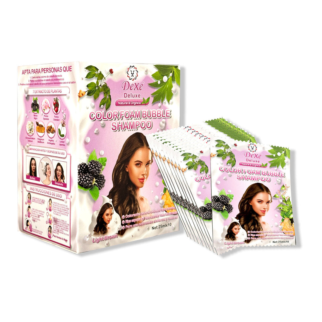 ¡liquidación! Shampoo Light Brown (Marrón Claro) Dexe 25ml x 10 Sachets