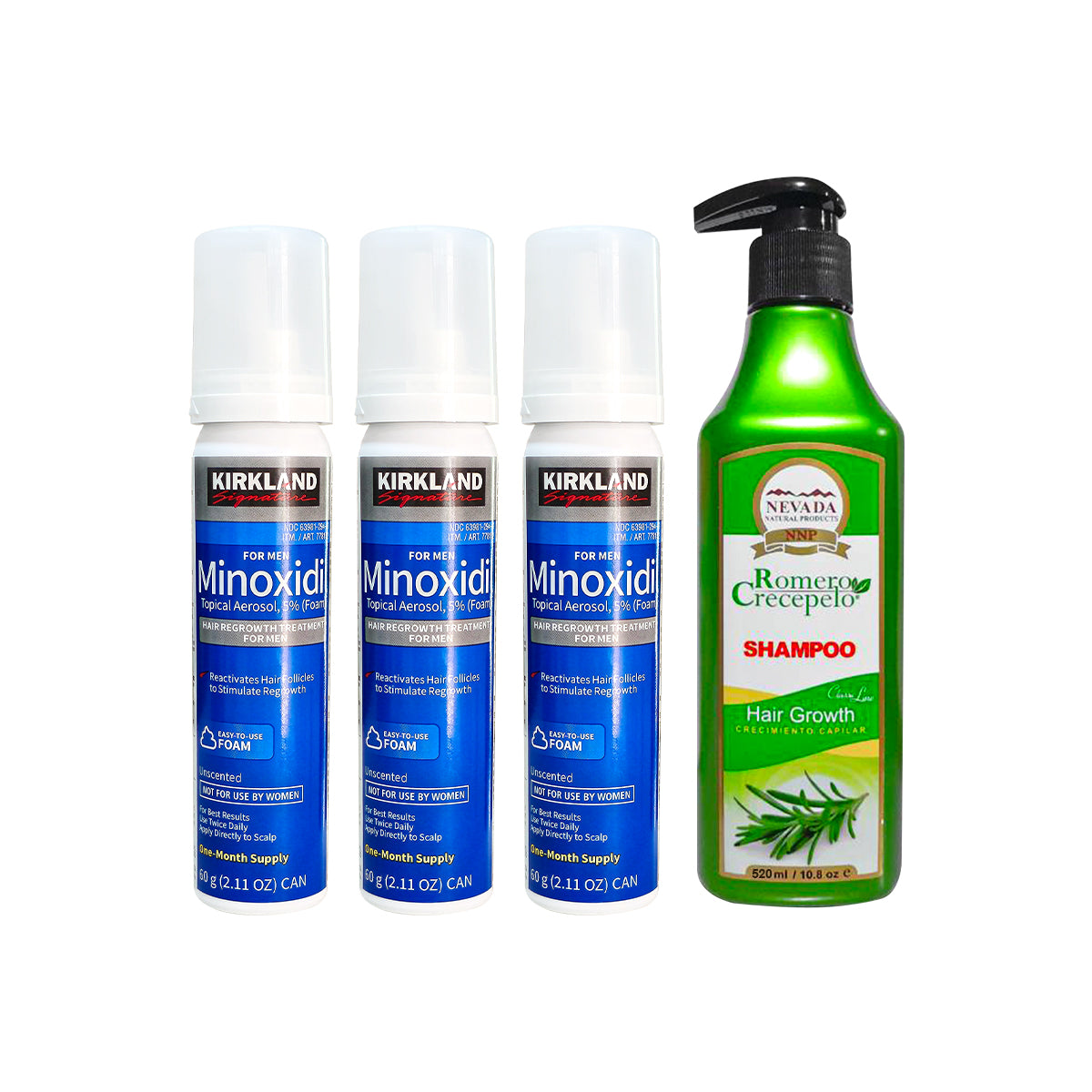 3 Minoxidil Espuma Kirkland + Shampoo Romero Crecepelo 520 ml