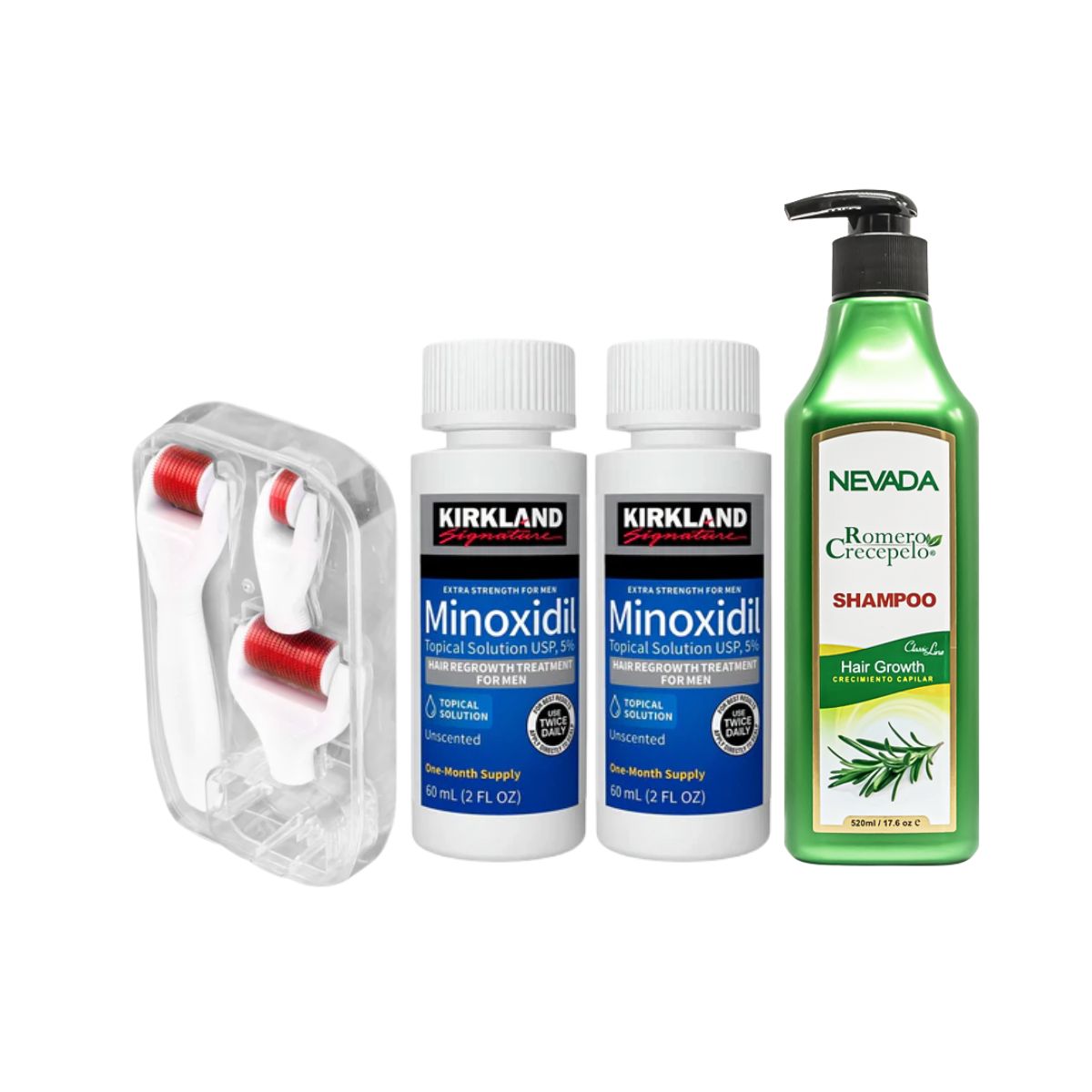 2 Minoxidil Líquido Kirkland con gotero original + Derma Roller 4 en 1 + Shampoo Romero Crecepelo 320 ml