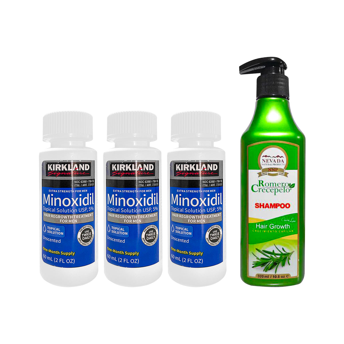 3 Minoxidil Líquido Kirkland + Shampoo Romero Crecepelo 520 ml