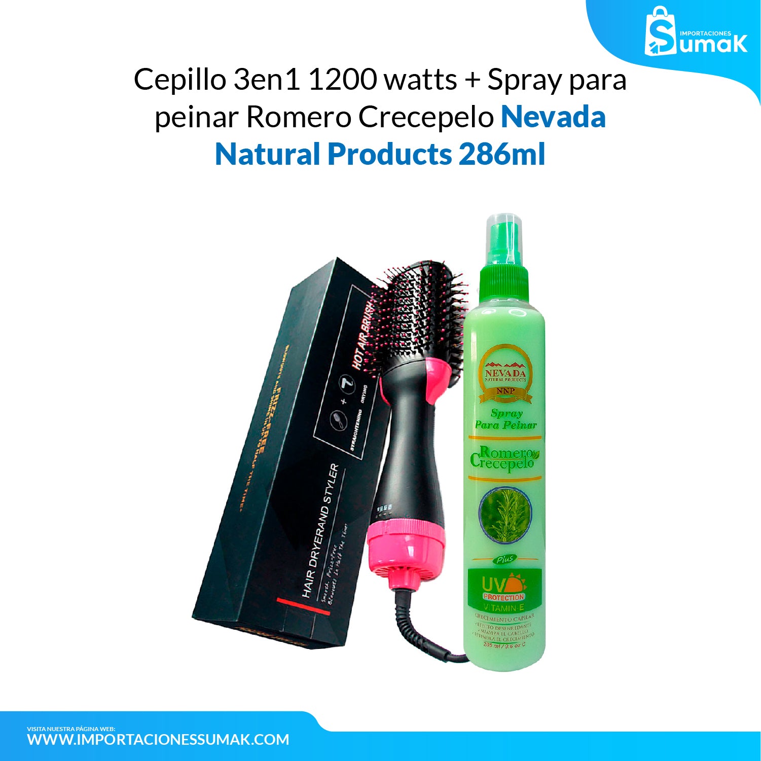 Cepillo 3en1 1200 watts + Spray para peinar Romero Crecepelo
