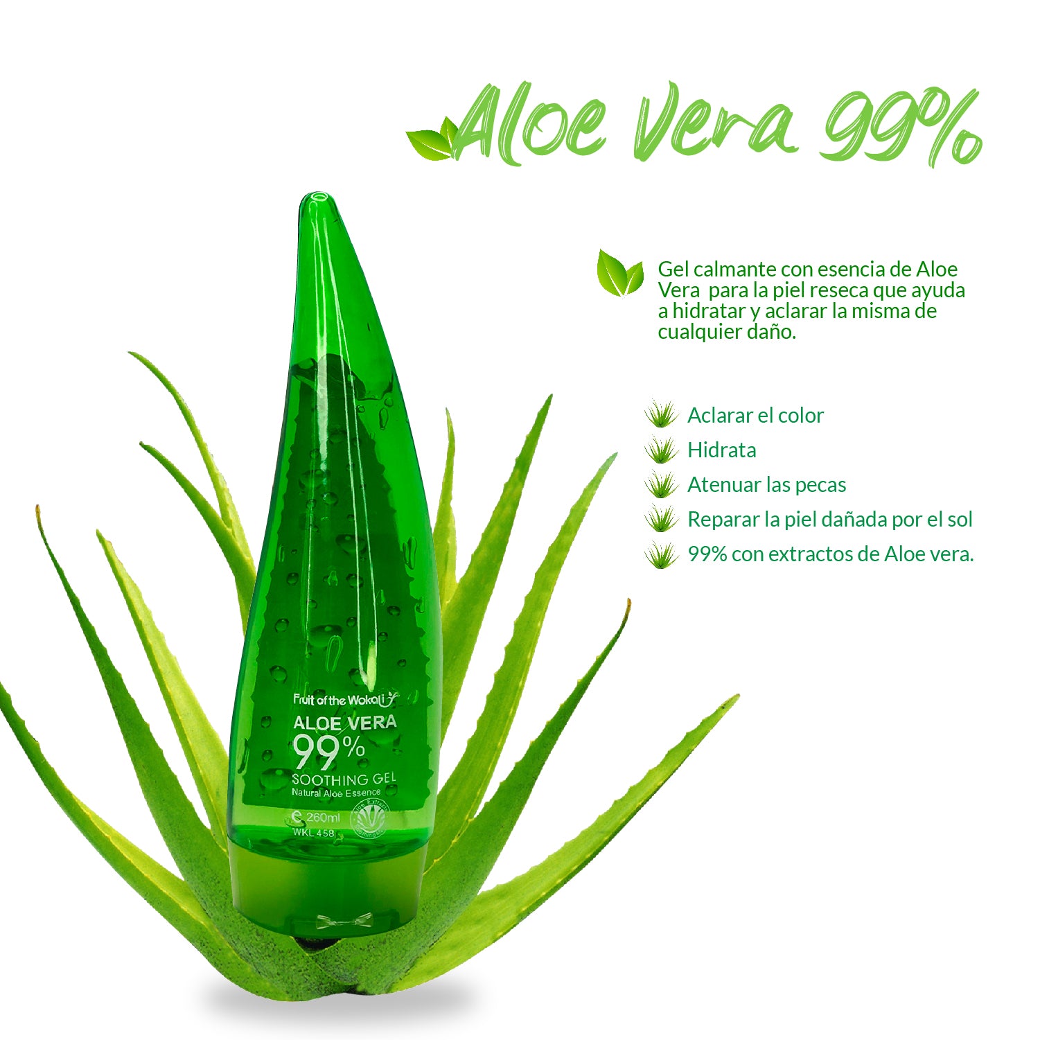 FRUIT OF THE WOKALI – Hidratación y Cuidado Facial/Corporal – Gel Calmante Aloe Vera 99% – 260ml