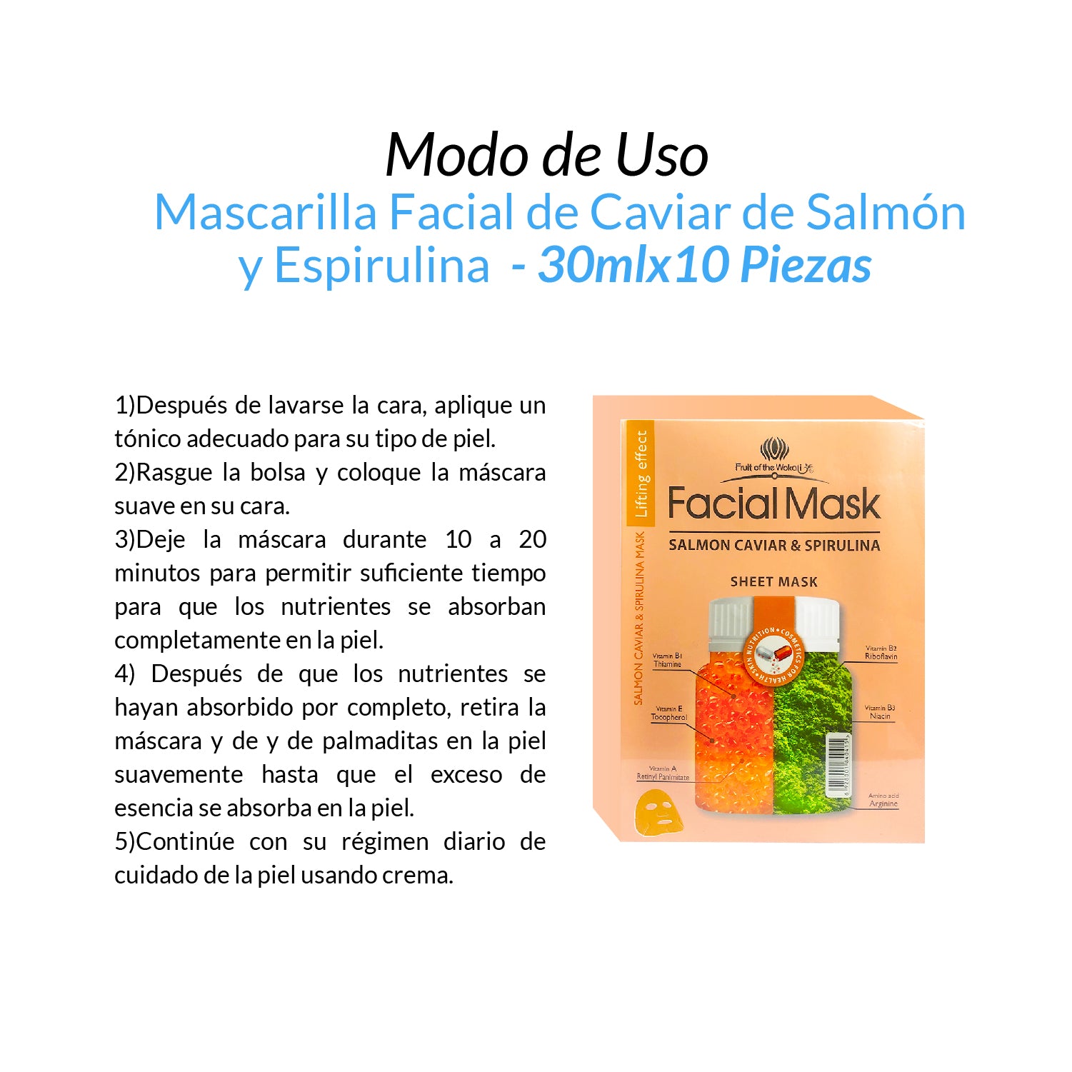 FRUIT OF THE WOKALI – MASCARILLA FACIAL HIDRATANTE Y REAFIRMANTE – CAVIAR DE SALMÓN + ESPIRULINA – 30ml x 10und