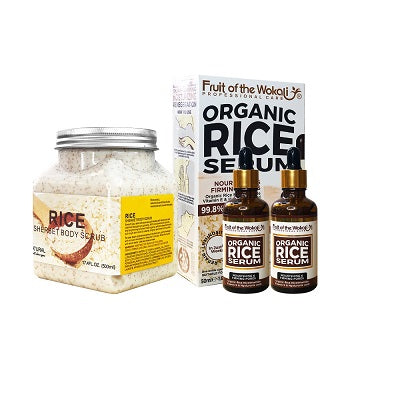 FRUIT OF THE WOKALI – CUIDADO FACIAL Y CORPORAL – COMBO EXFOLIANTE CORPORAL + SERUM DE ARROZ ORGÁNICO X2 – 500ML + 50ML C/U