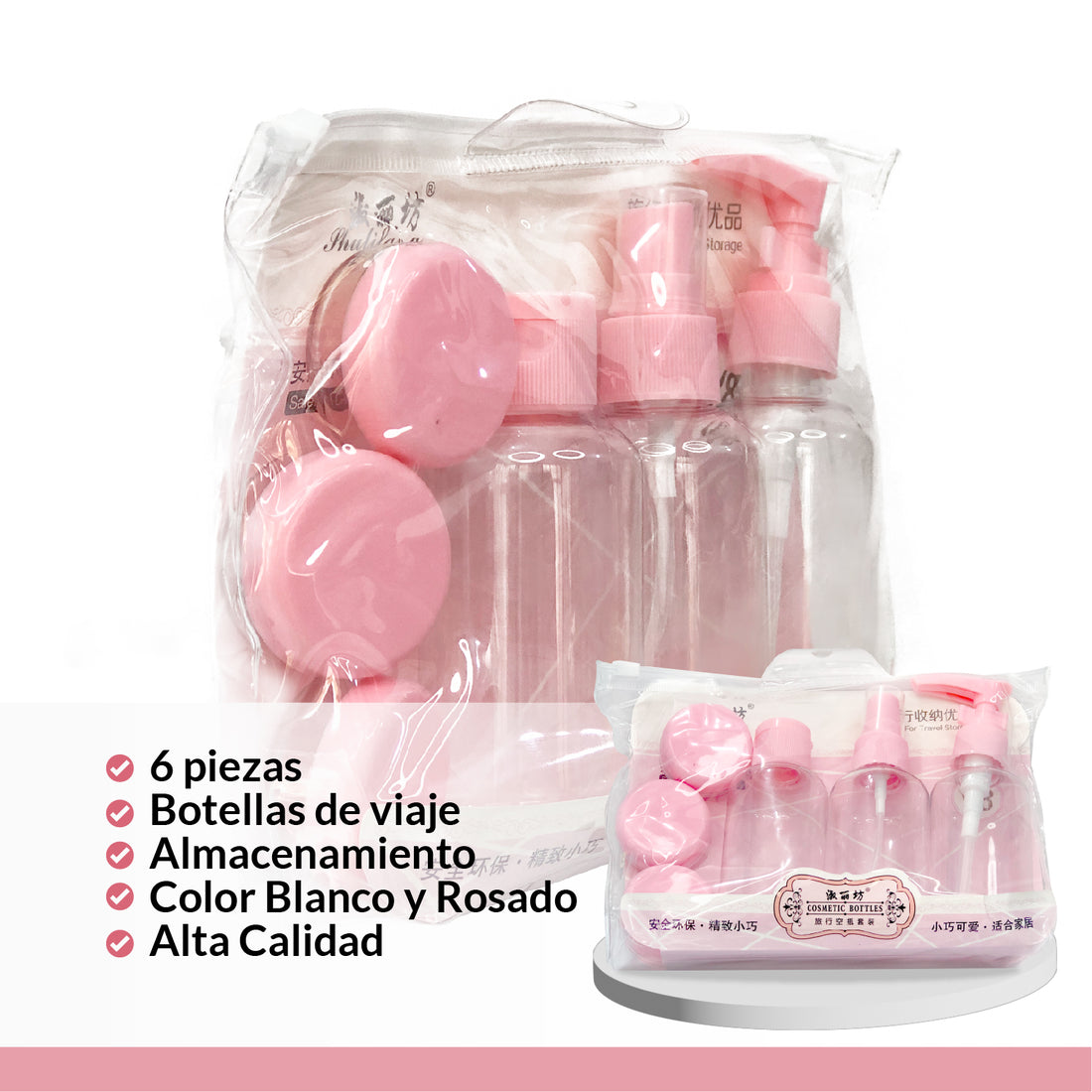 Kit Neceser Cremera de Viaje – 6 Piezas Rosado – Transparente y Reutilizable