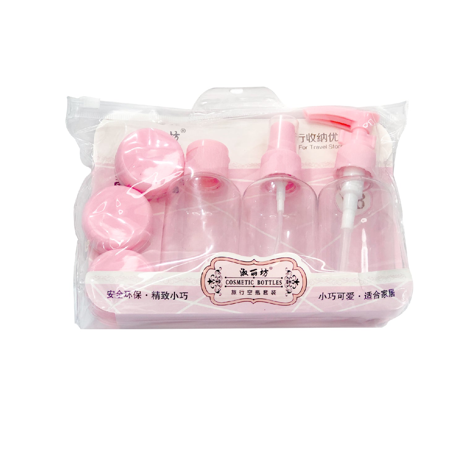 Kit Neceser Cremera de Viaje – 6 Piezas Rosado – Transparente y Reutilizable