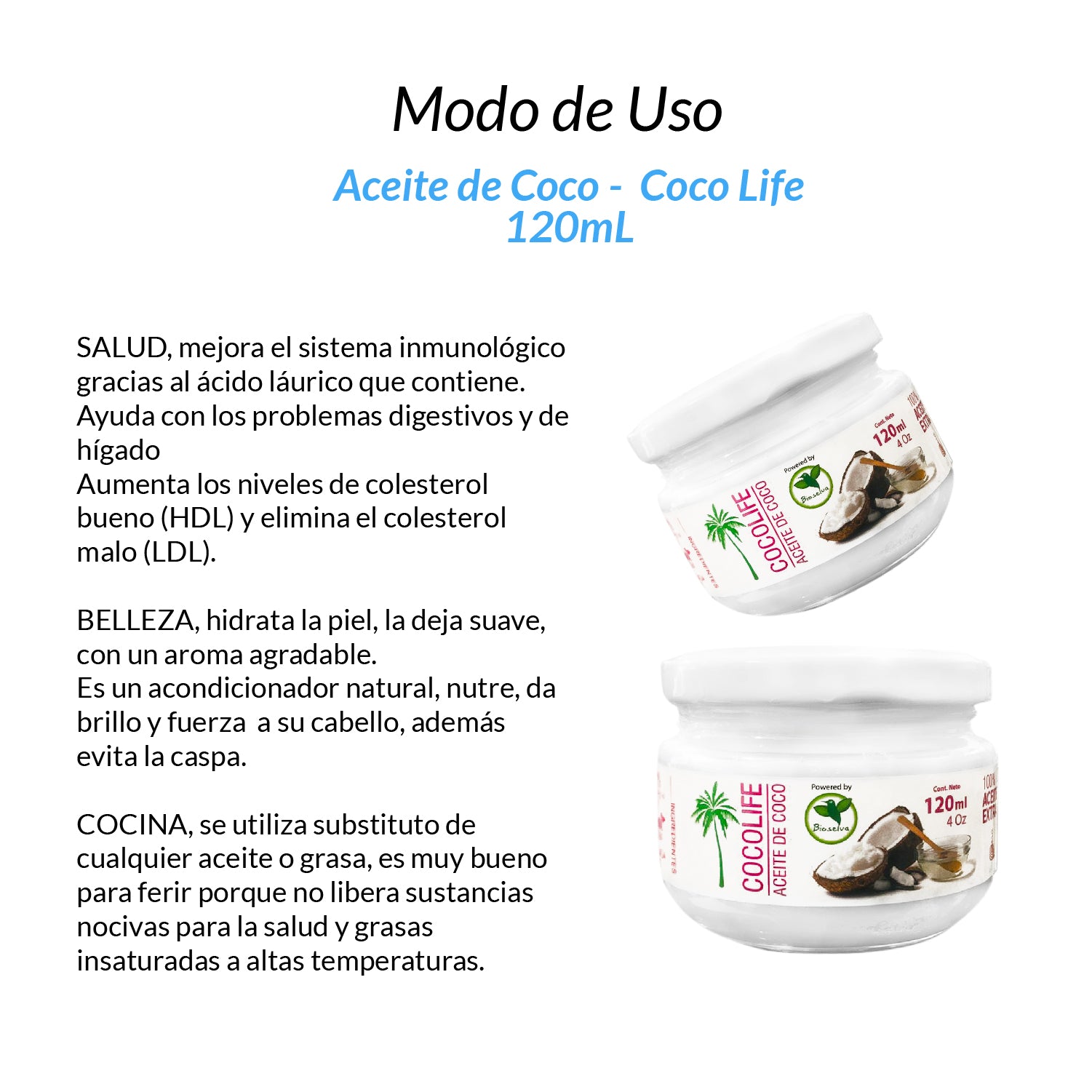 COCO LIFE – ACEITE MULTIUSO 100% NATURAL – COCO VIRGEN PRENSADO EN FRÍO – 120g
