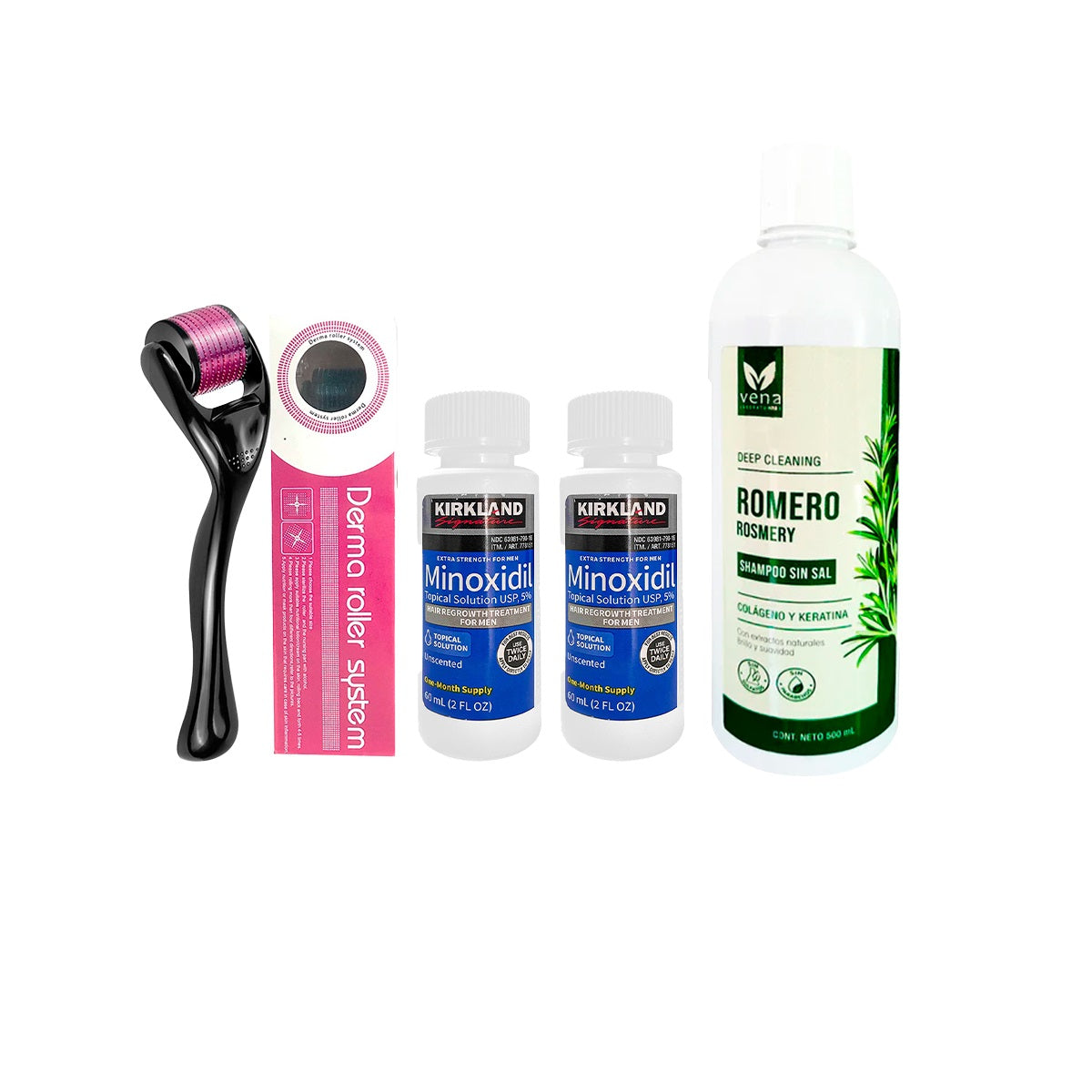 2 Minoxidil Líquido Kirkland + Derma Roller 0.50mm + Shampoo Romero 500ml