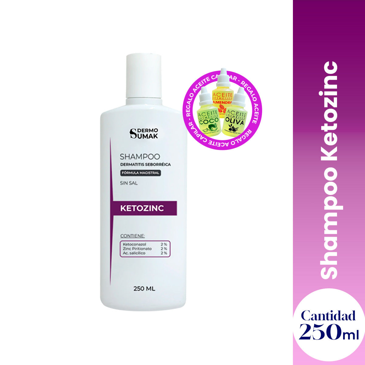 SHAMPOO KETOZINC CON KETOCONAZOL SIN SAL 250ML - Dermo Sumak + REGALO ACEITE CAPILAR