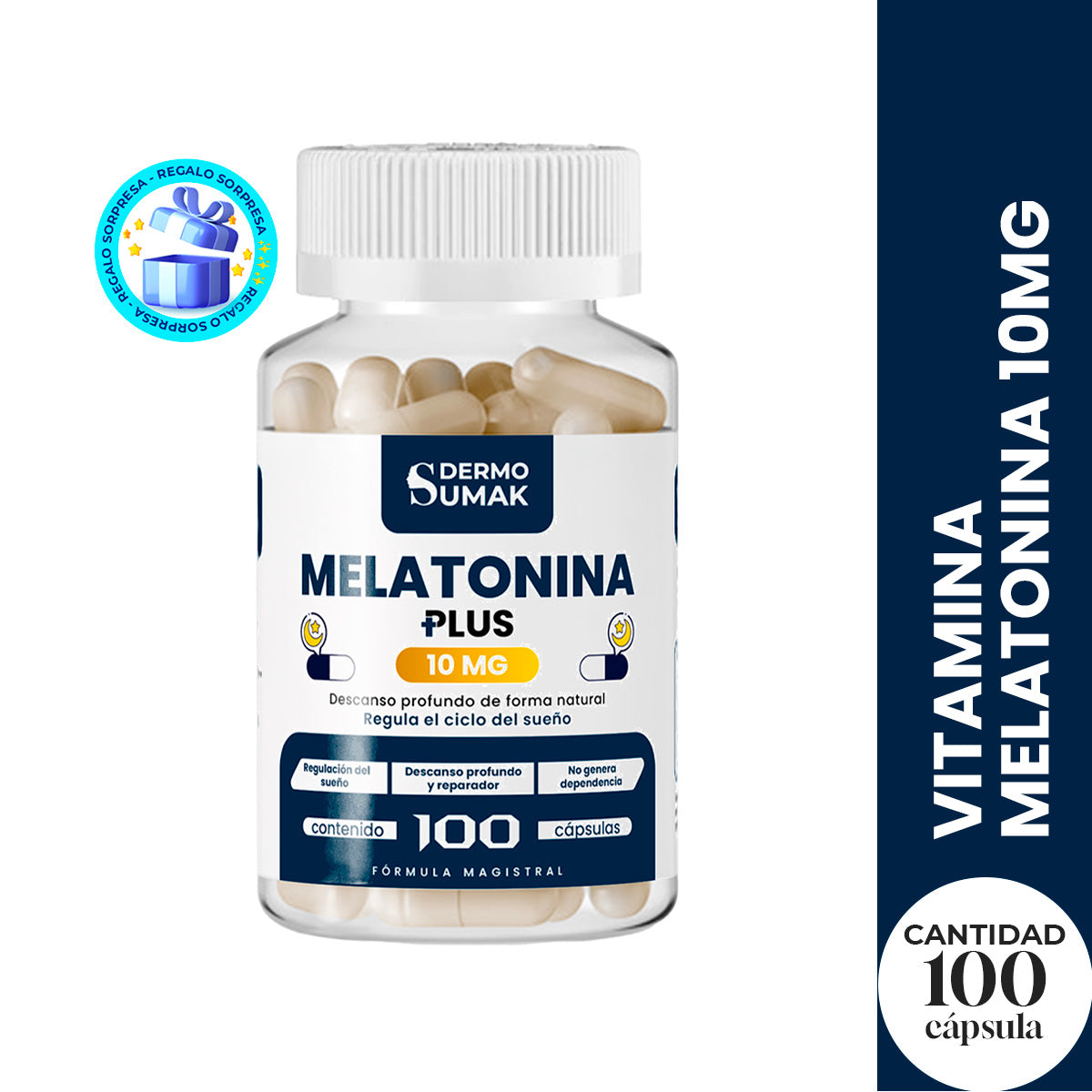 DERMOSUMAK – SUPLEMENTO PARA MEJORAR EL SUEÑO – MELATONINA 10MG – 100 CÁPSULAS + REGALO PASTILLERO