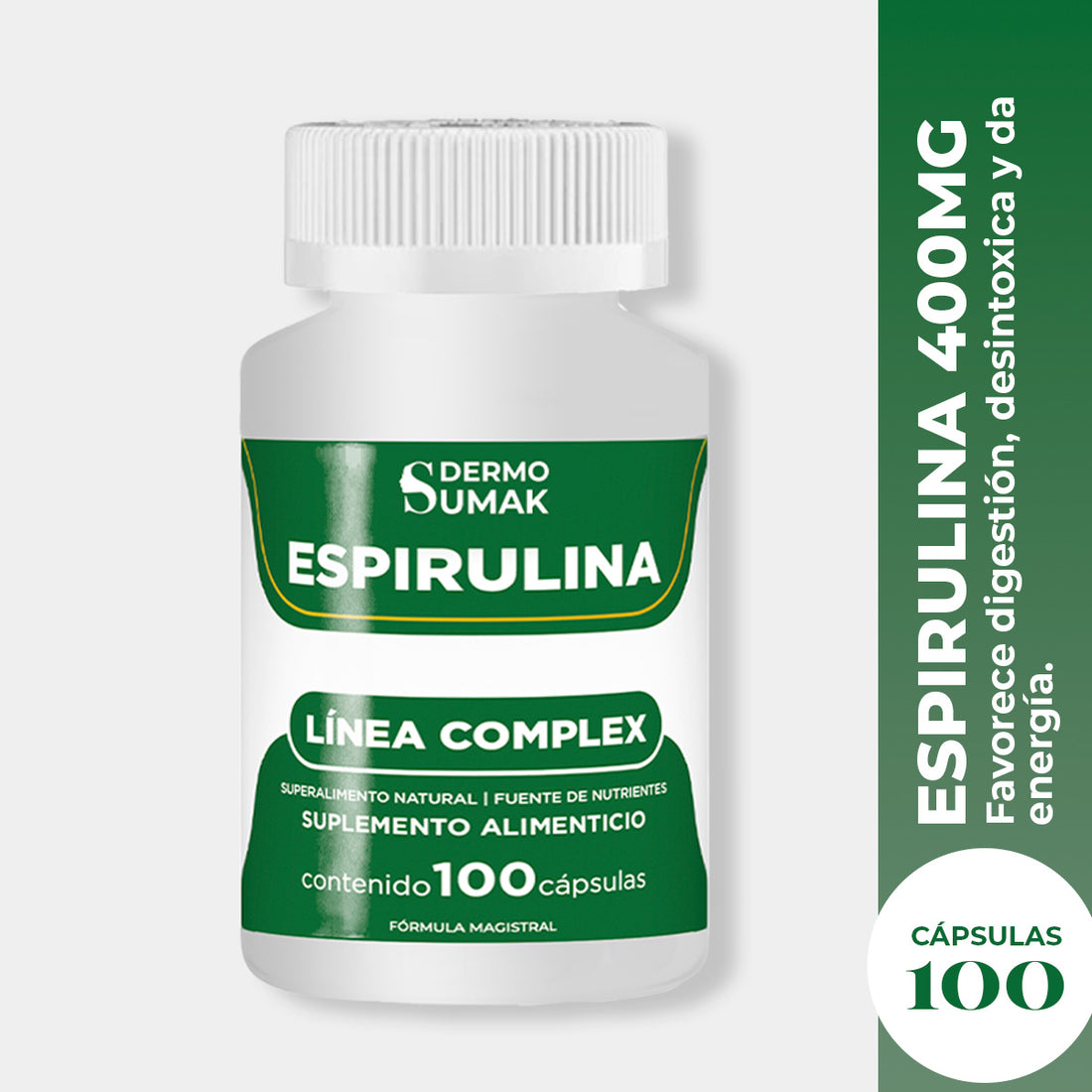 DERMO SUMAK – SUPLEMENTO PARA ENERGÍA Y DEFENSAS – ESPIRULINA SUPERALIMENTO NATURAL – 100 CÁPSULAS + REGALO PASTILLERO