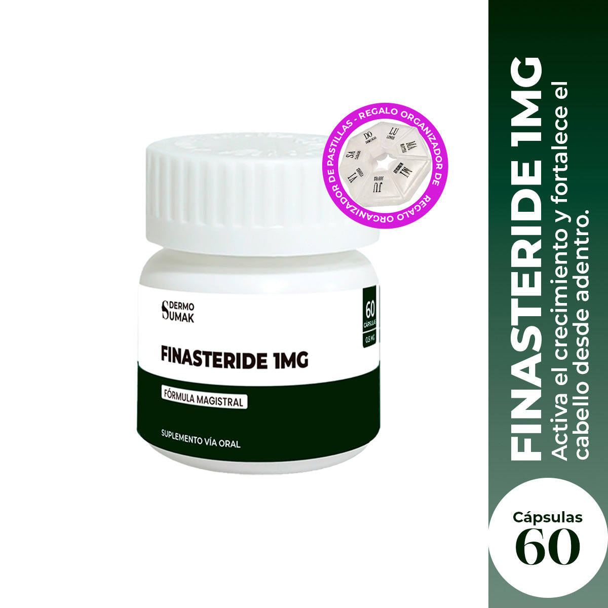 CYBER!!! Finasteride 1mg x 60 Cápsulas - DERMOSUMAK + REGALO PASTILLERO