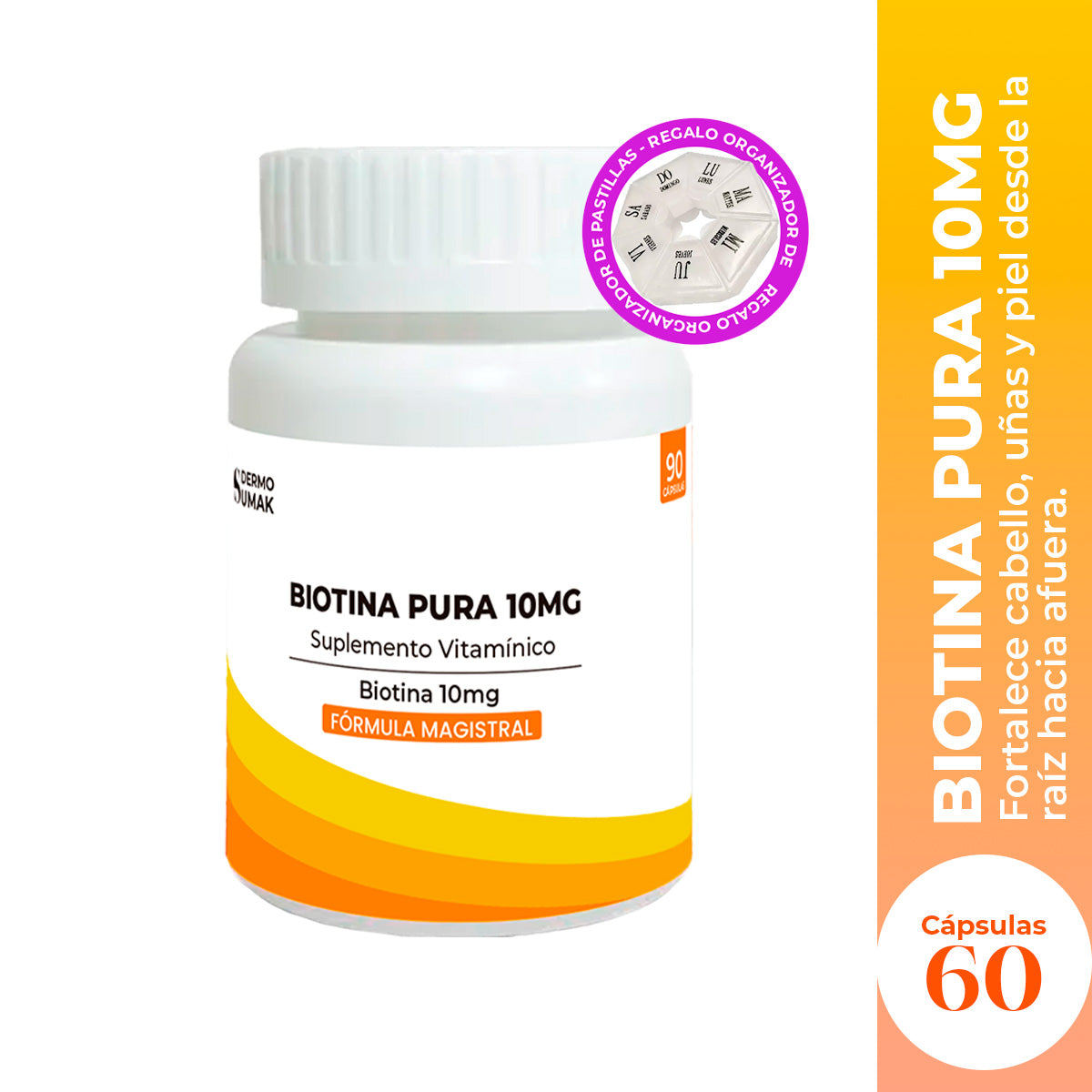 DERMO SUMAK – BIOTINA PURA 10MG 90 CÁPSULAS + REGALO PASTILLERO