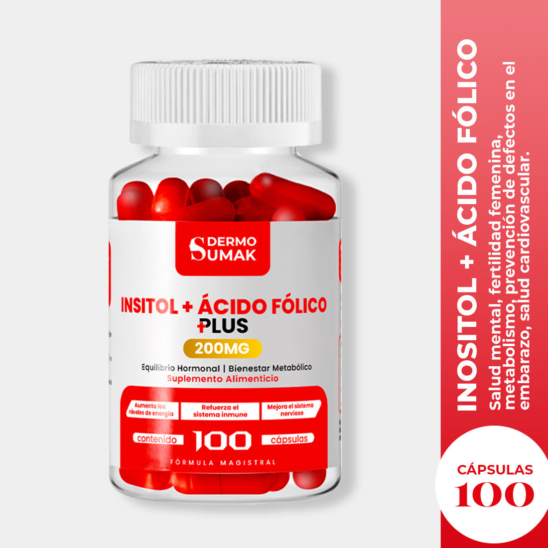 DERMO SUMAK – SUPLEMENTO PARA EQUILIBRIO HORMONAL Y REPRODUCTIVO – INOSITOL + ÁCIDO FÓLICO – 100 CÁPSULAS + REGALO PASTILLERO
