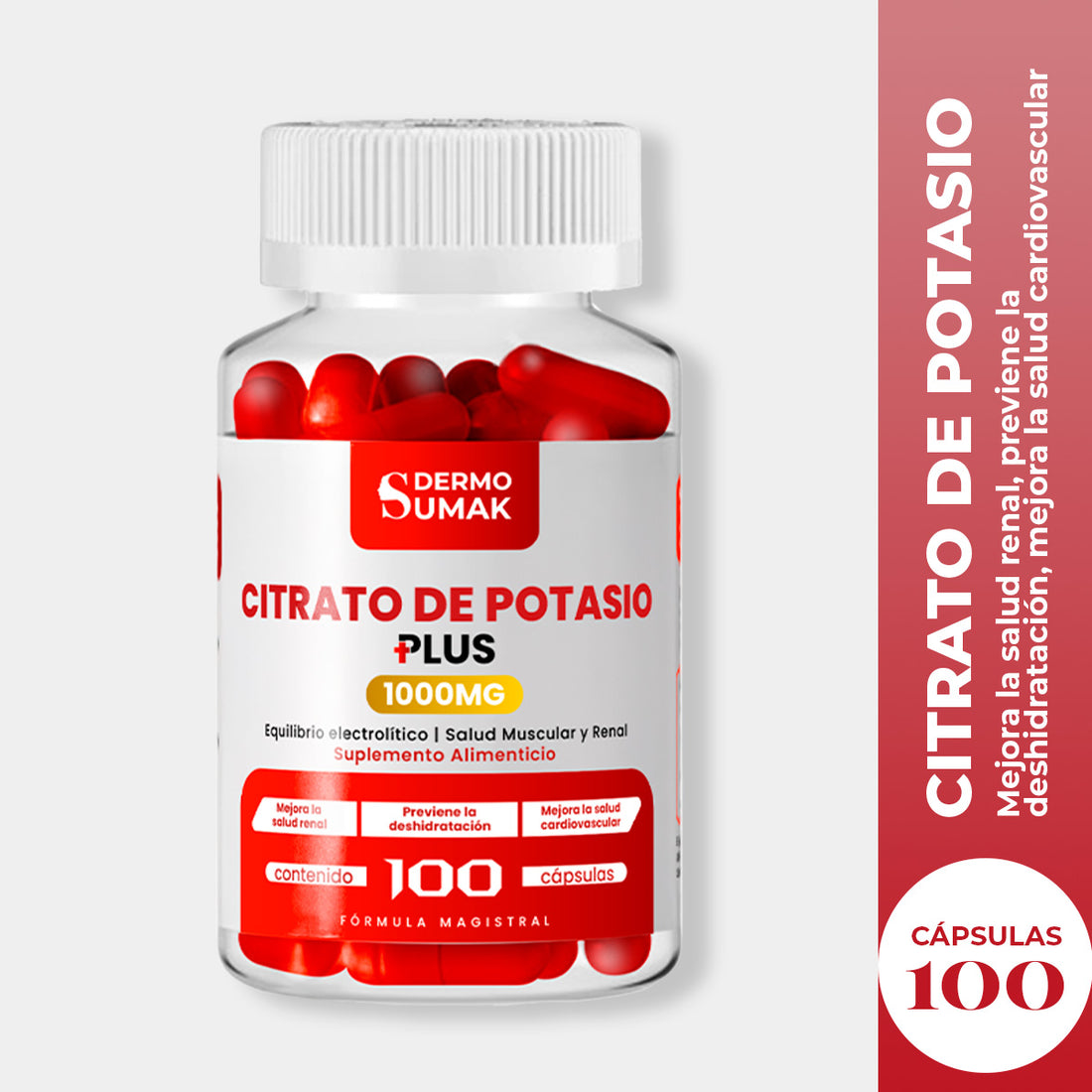 DERMO SUMAK – SUPLEMENTO DE MINERAL Y ELECTROLITOS – CITRATO DE POTASIO – 100 CÁPSULAS + REGALO PASTILLERO