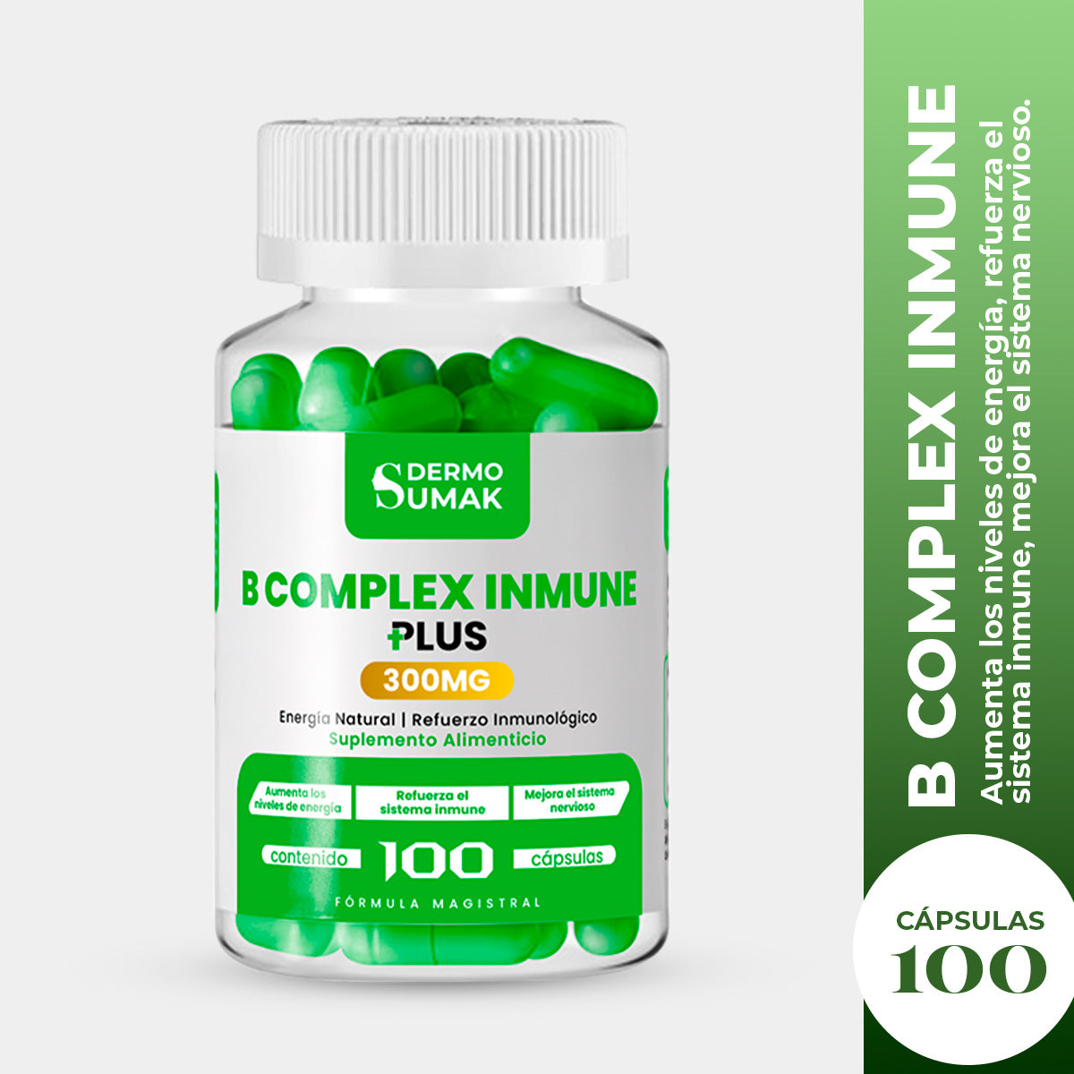 DERMO SUMAK – SUPLEMENTO PARA ENERGÍA Y SISTEMA INMUNE – COMPLEJO B INMUNE – 100 CÁPSULAS + REGALO PASTILLERO
