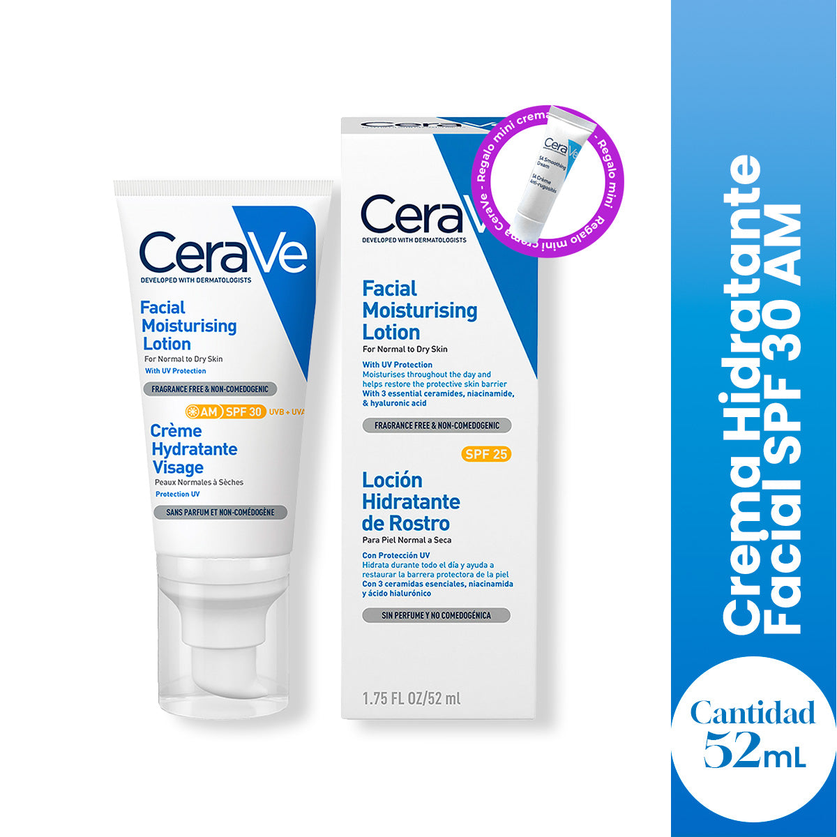 CeraVe Crema Hidratante Facial SPF 30 AM 52ml + REGALO SA SMOOTHING 5NML