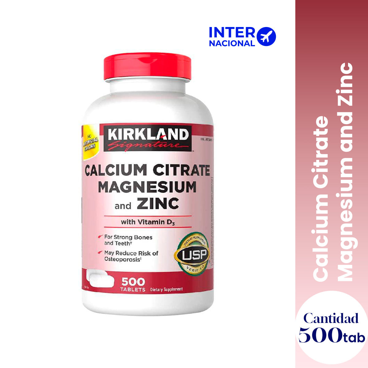 Kirkland - Suplemento Citrato de Calcio + Magnesio + Zinc + Vitamina D3 – Salud ósea y muscular – 500 mg - 500 Tabletas