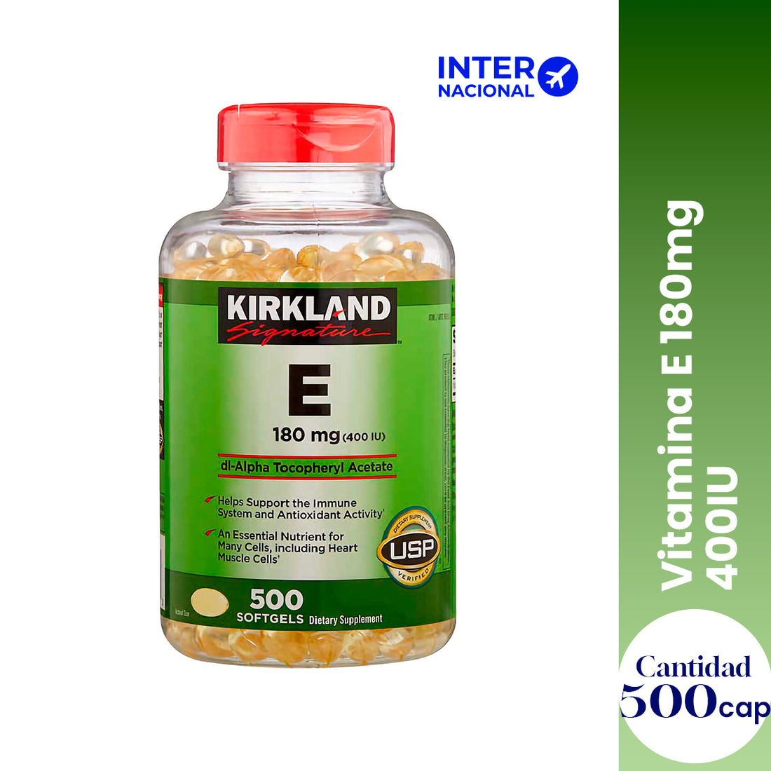 KIRKLAND SIGNATURE – SUPLEMENTO VITAMINA E 180 MG (400 UI) – APOYO CARDIOVASCULAR Y ANTIOXIDANTE – 500 CÁPSULAS BLANDAS