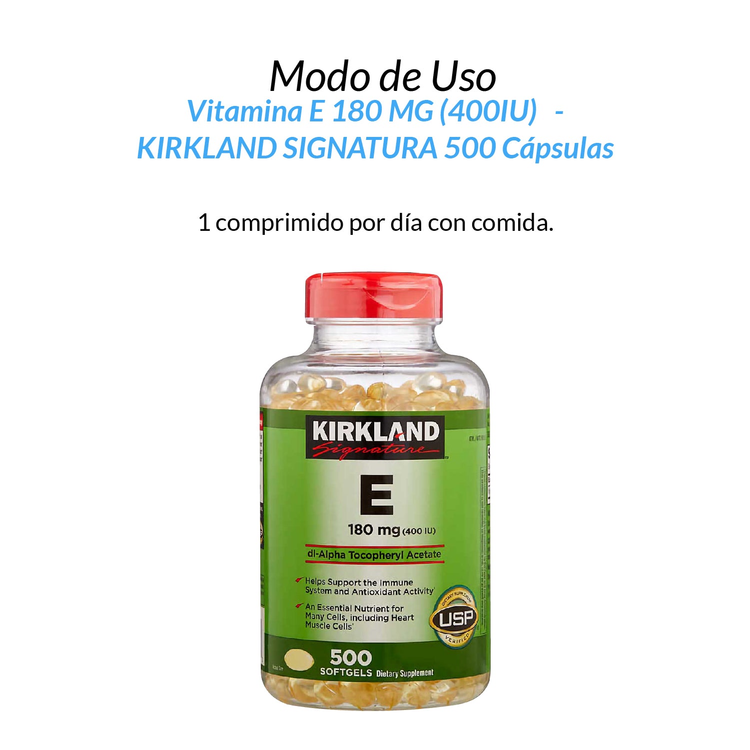 KIRKLAND SIGNATURE – SUPLEMENTO VITAMINA E 180 MG (400 UI) – APOYO CARDIOVASCULAR Y ANTIOXIDANTE – 500 CÁPSULAS BLANDAS