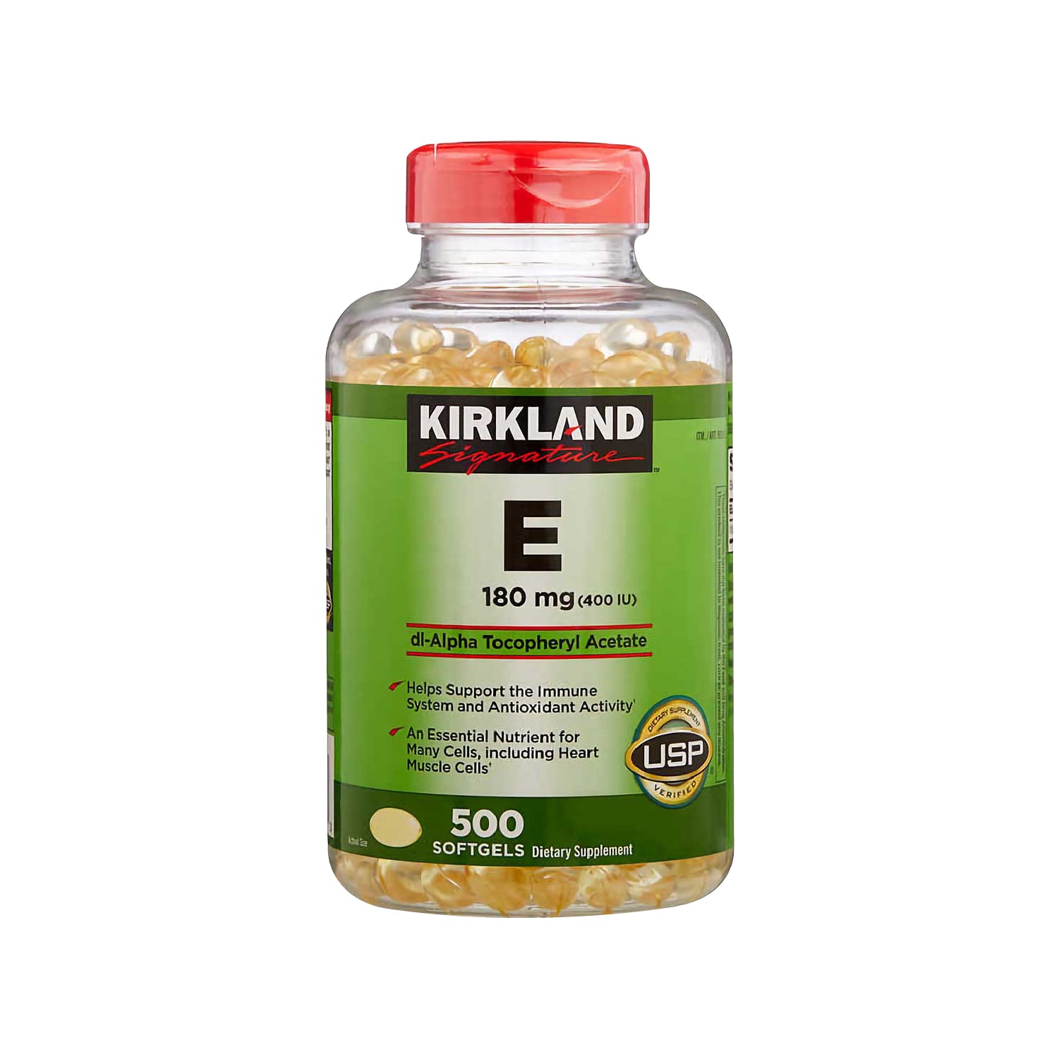 KIRKLAND SIGNATURE – SUPLEMENTO VITAMINA E 180 MG (400 UI) – APOYO CARDIOVASCULAR Y ANTIOXIDANTE – 500 CÁPSULAS BLANDAS