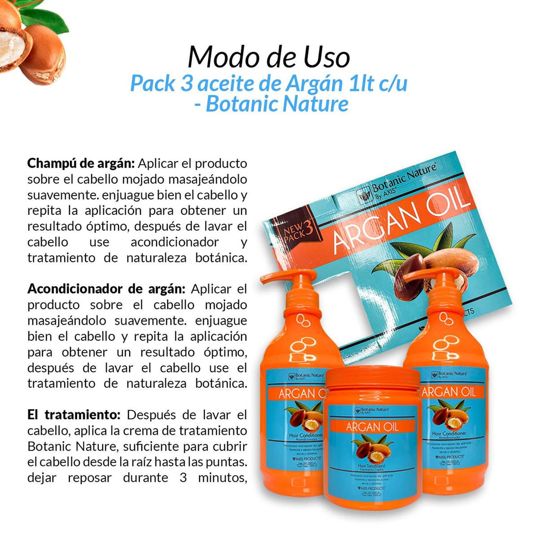 NATURALEZA BOTÁNICA BY AXIS – PACK 3 ACEITE DE ARGÁN – CUIDADO CAPILAR INTENSIVO – 1L C/U