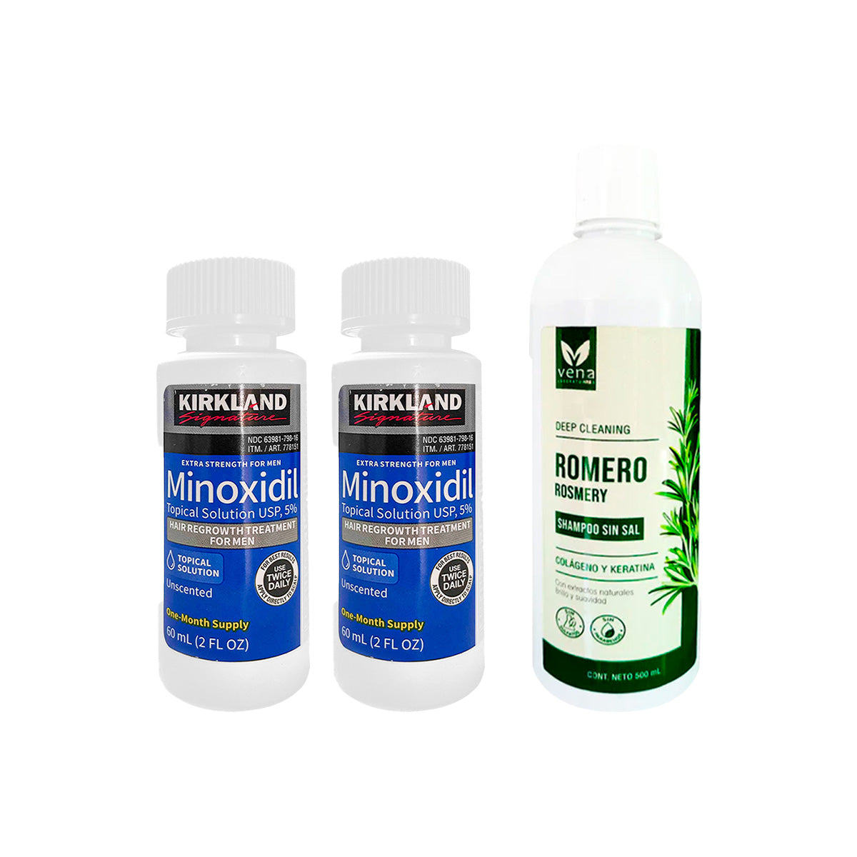 2 Minoxidil liquido 5% + Shampoo Romero – Vena 500ml