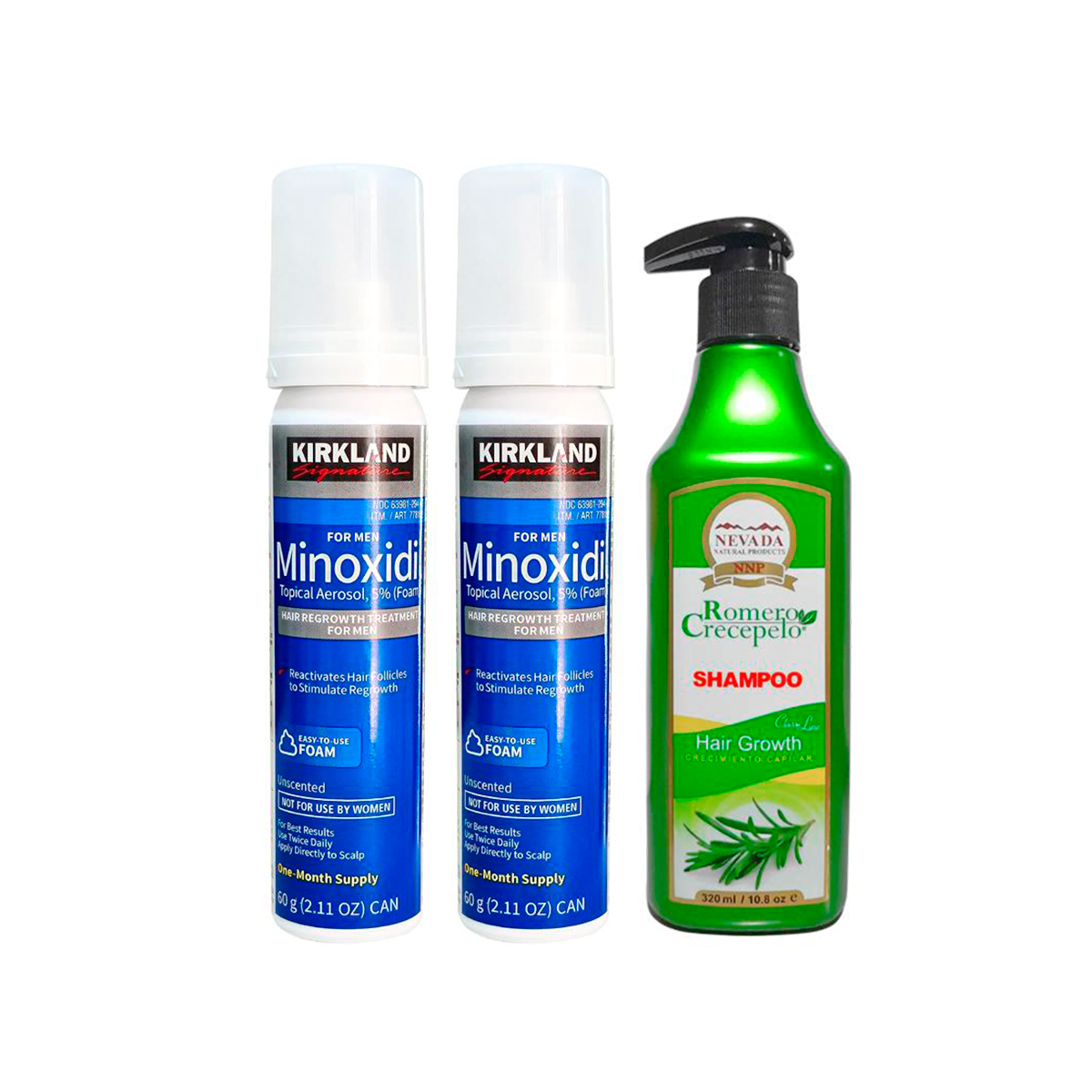 2 Minoxidil Espuma Kirkland + Shampoo Romero Crecepelo 320 ml