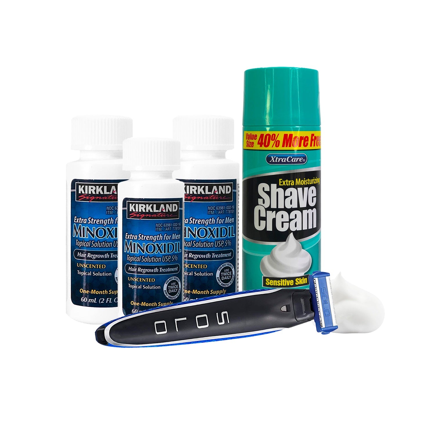 3 Minoxidil Líquido + 1 afeitador solo + 1 Crema de Afeitar Xtracare 360 gr para piel sensible