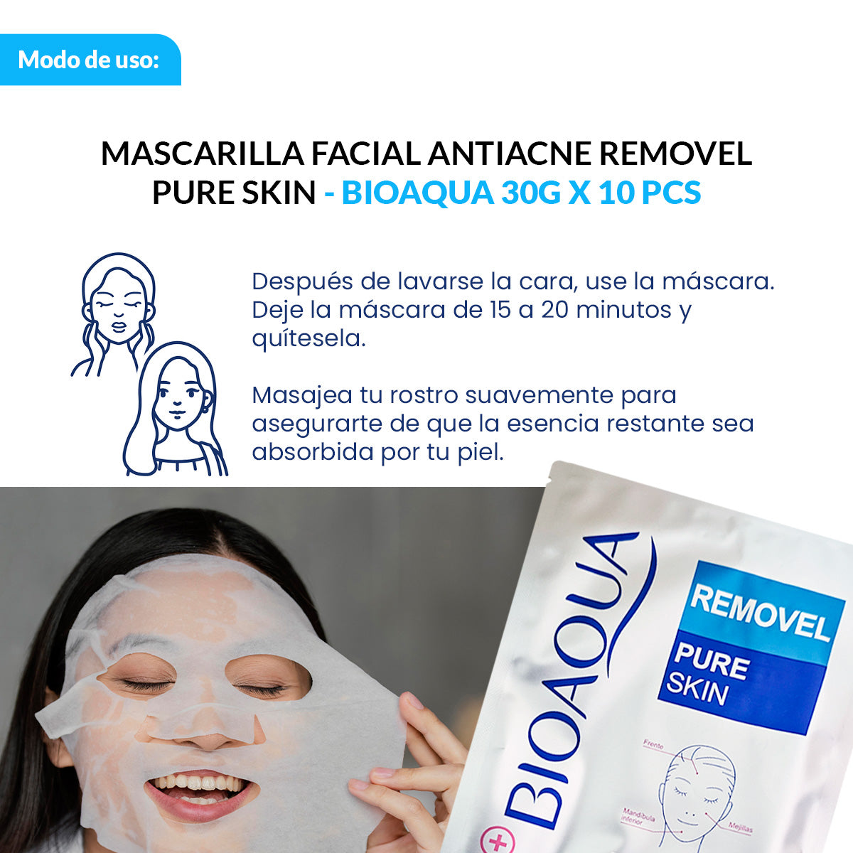Bioaqua Mascarilla Facial Antiacné + Hidratación – Pure Skin 30g x 10 pcs