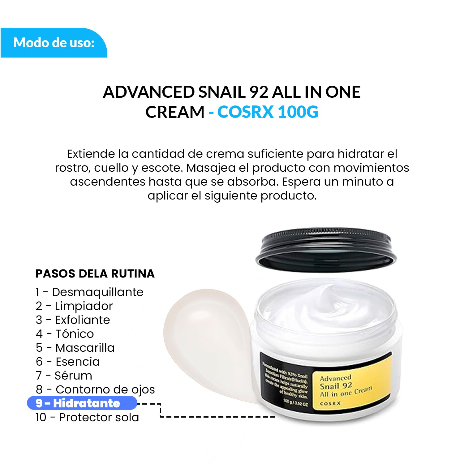 COSRX Crema Facial Reparadora – Advanced Snail 92 All In One Cream 100ml + Regalo Mini Sachets