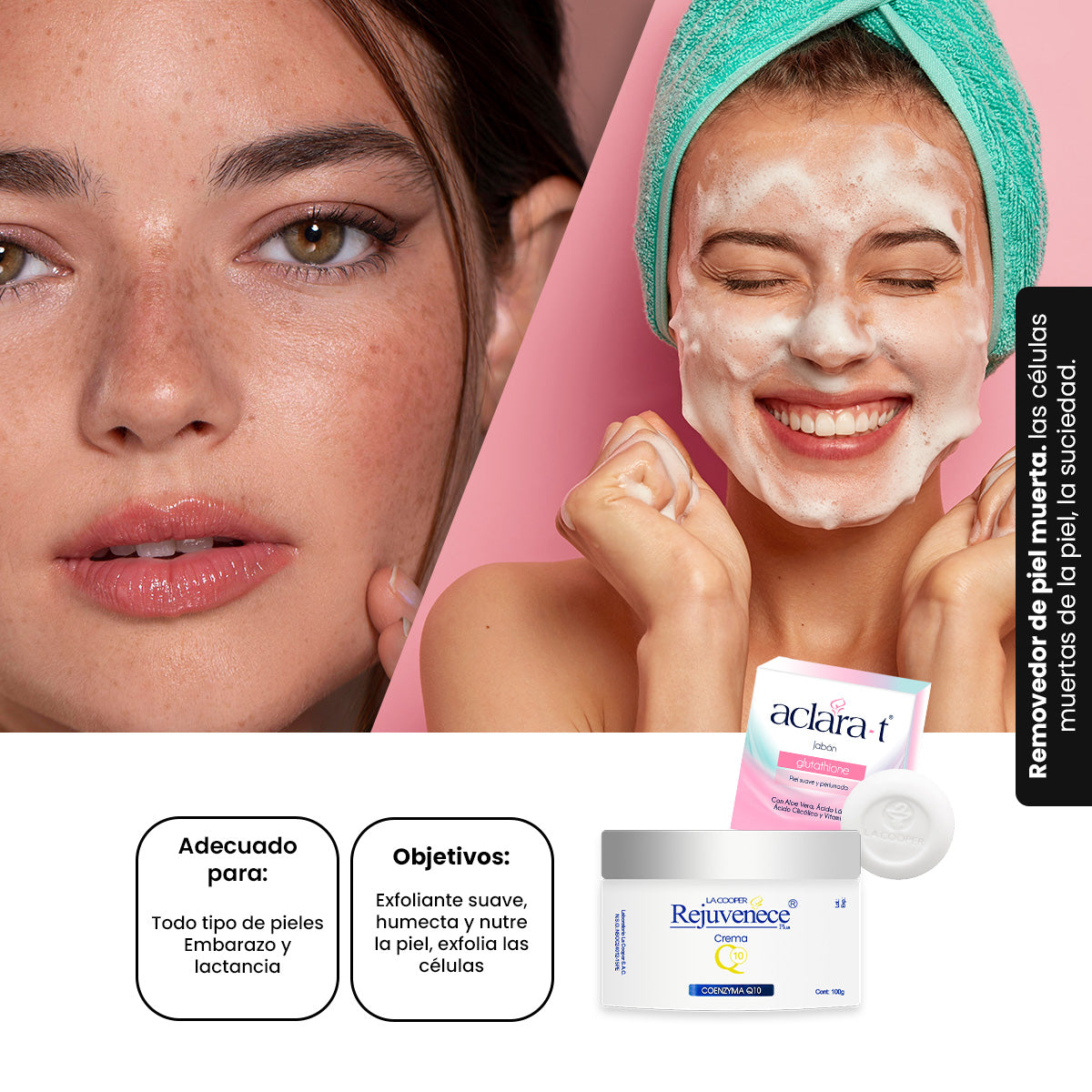 Aclara-T Combo Rejuvenece Plus Q10 + Jabón con Glutathione – Cuidado Facial & Corporal