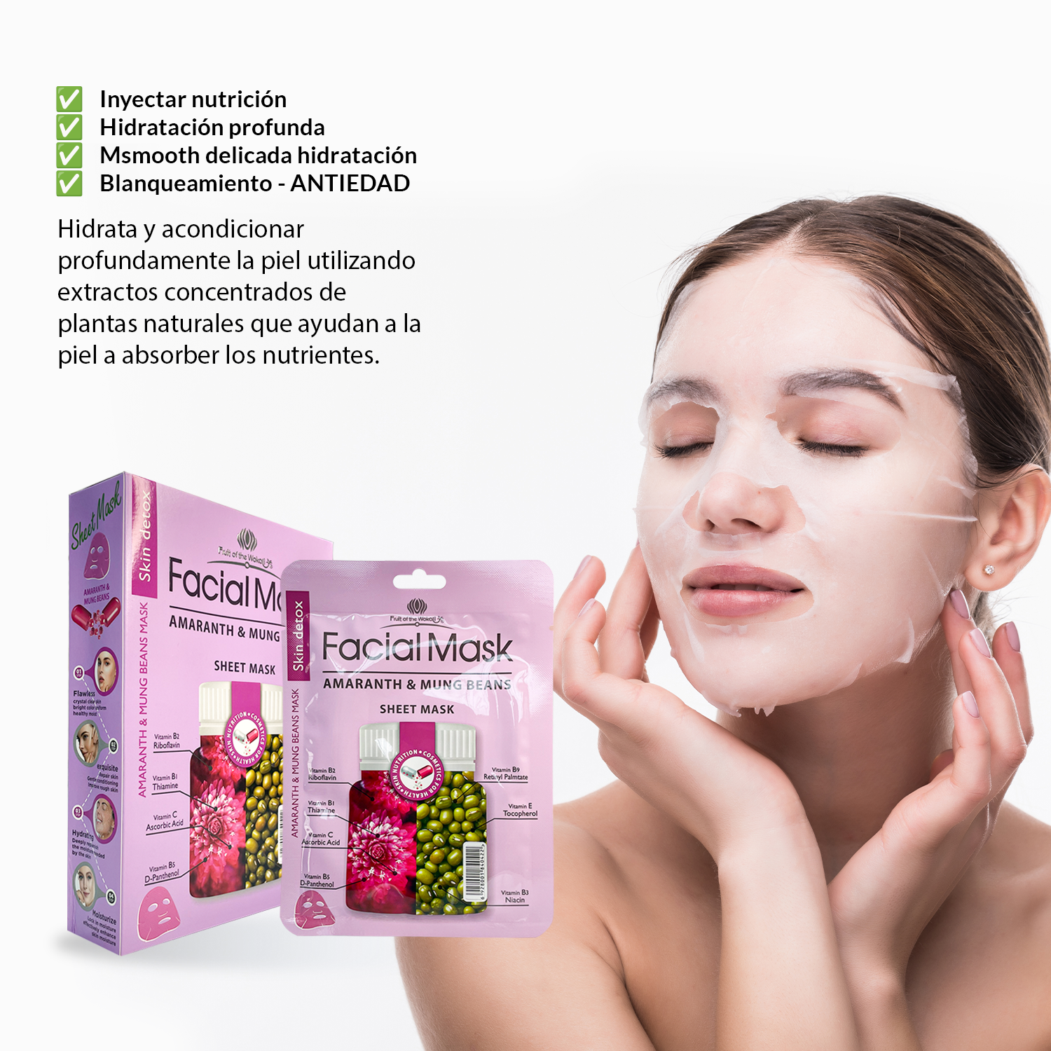 ¡liquidación! FRUIT OF THE WOKALI – MASCARILLA FACIAL REAFIRMANTE DE AMARANTO Y HABA MUNG – 30ML X 10 PIEZAS