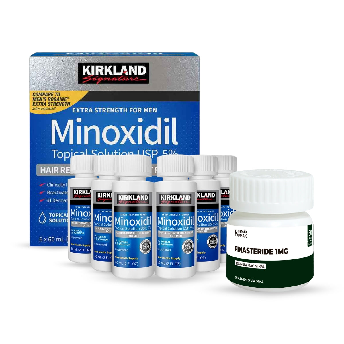 6 Minoxidil Líquido Kirkland + Finasteride 1mg x 60 Cápsulas