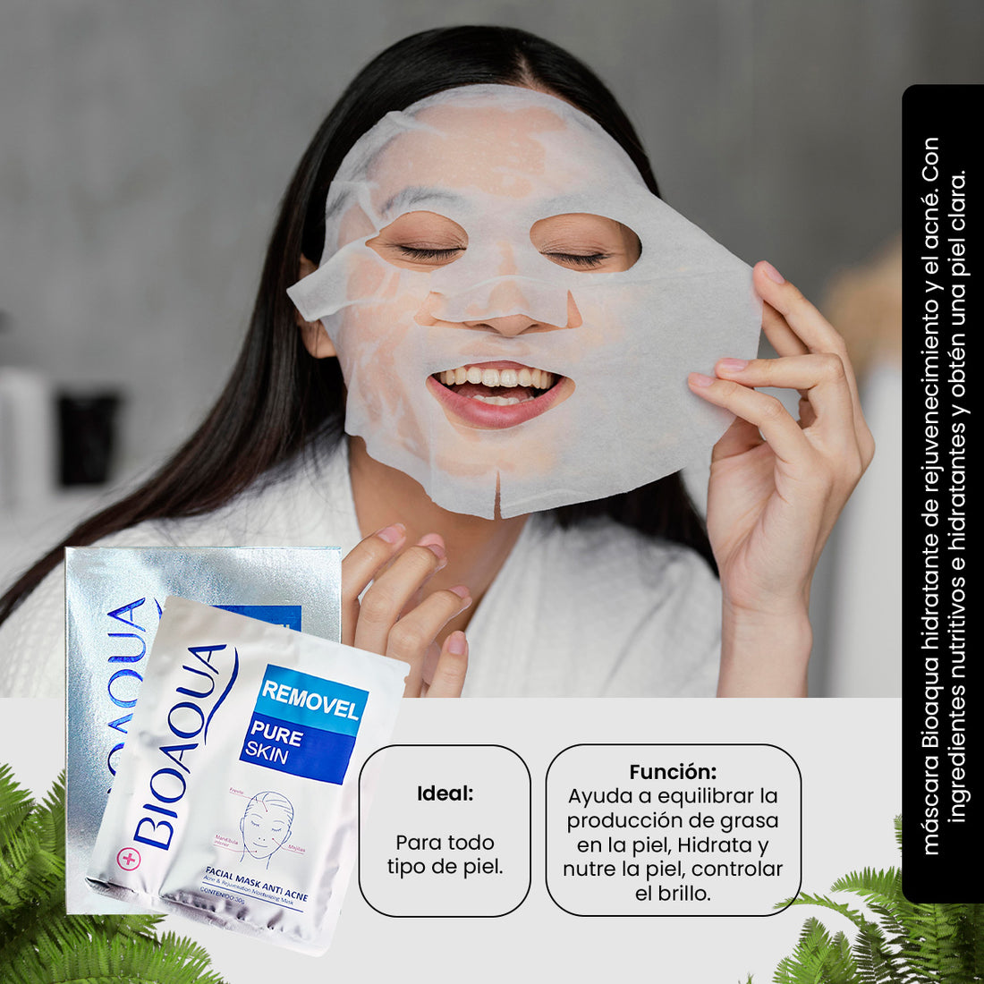 Bioaqua Mascarilla Facial Antiacné + Hidratación – Pure Skin 30g x 10 pcs
