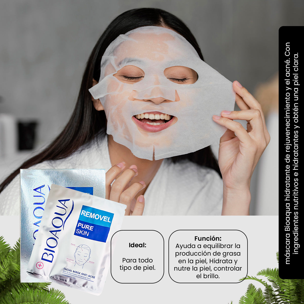 Bioaqua Mascarilla Facial Antiacné + Hidratación – Pure Skin 30g x 10 pcs