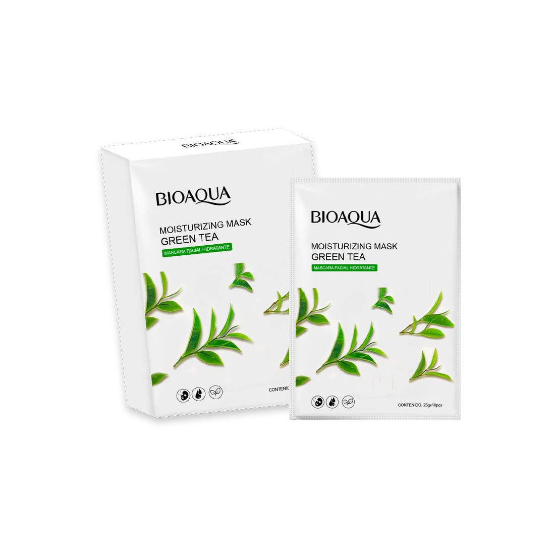 BIOAQUA Mascarilla Facial Hidratante de Té Verde – Paquete x10 (25g c/u)