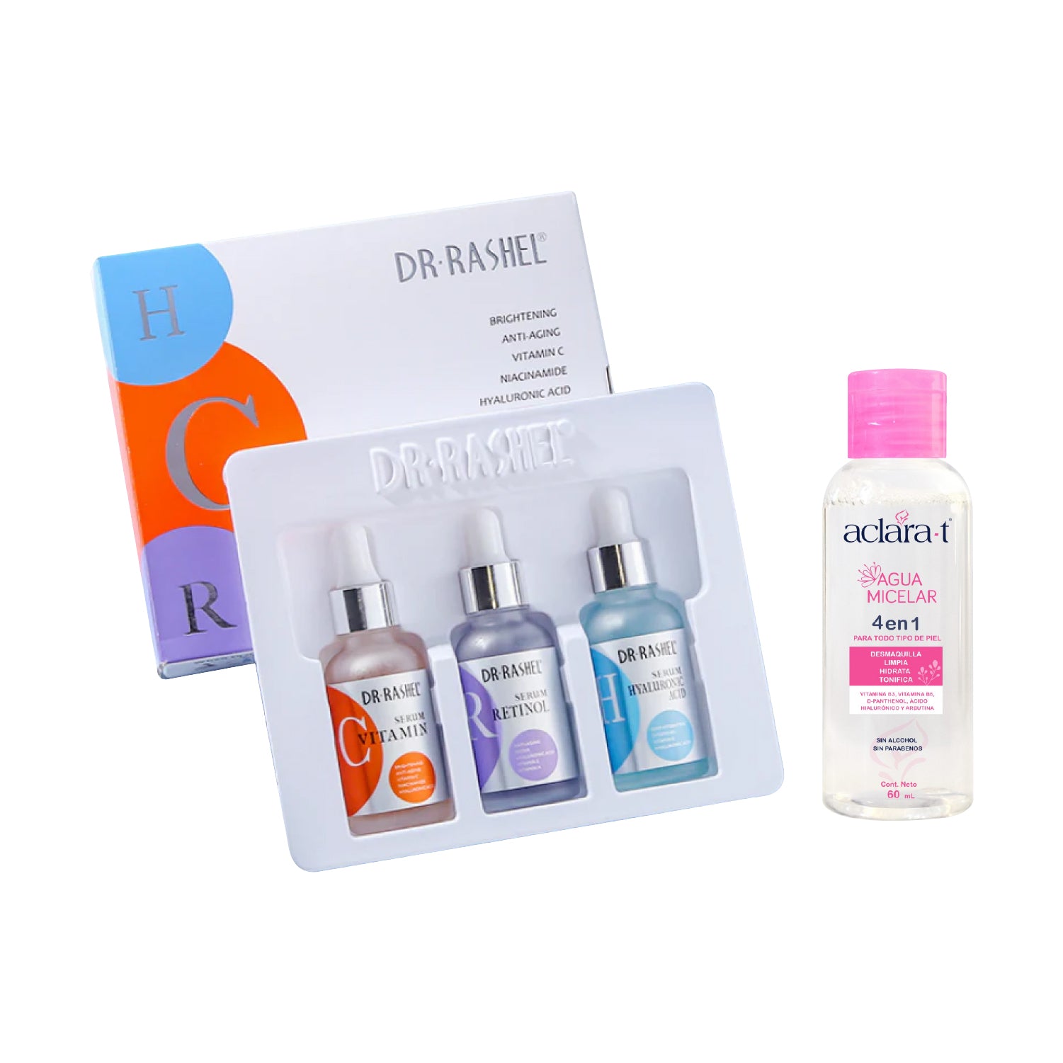 Kit 3en1 Serum Vitamina C,Hialuronico, Retinol + Agua Micelar 4en1