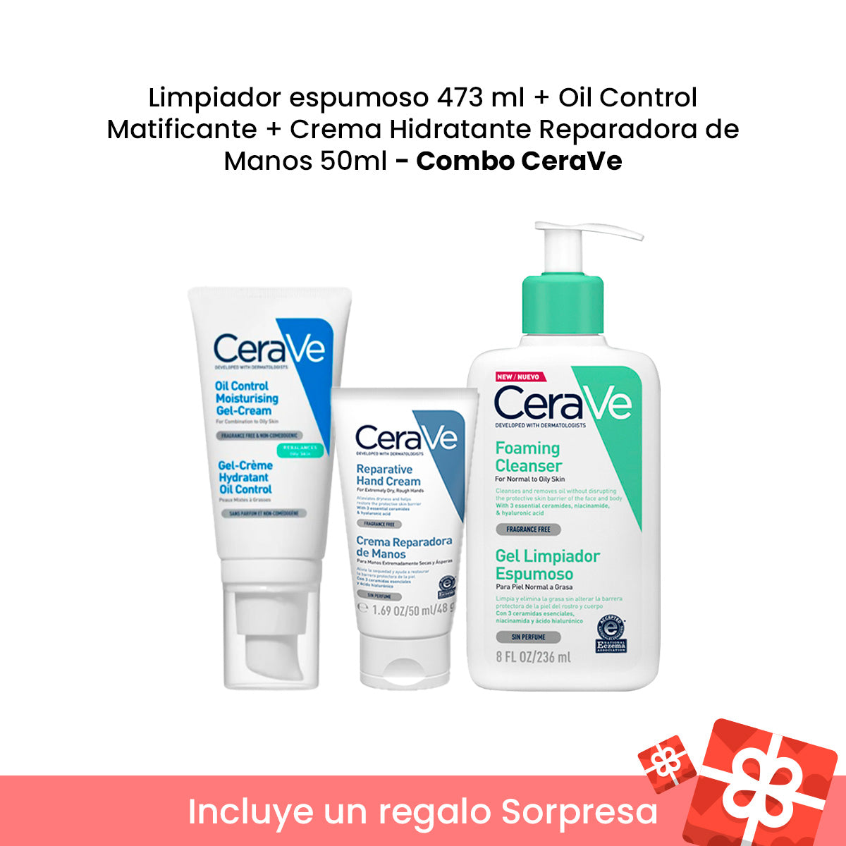 Combo CeraVe - Limpiador espumoso 473 ml + Oil Control Matificante + Crema Hidratante Reparadora de Manos 50ml + REGALO SORPRESA